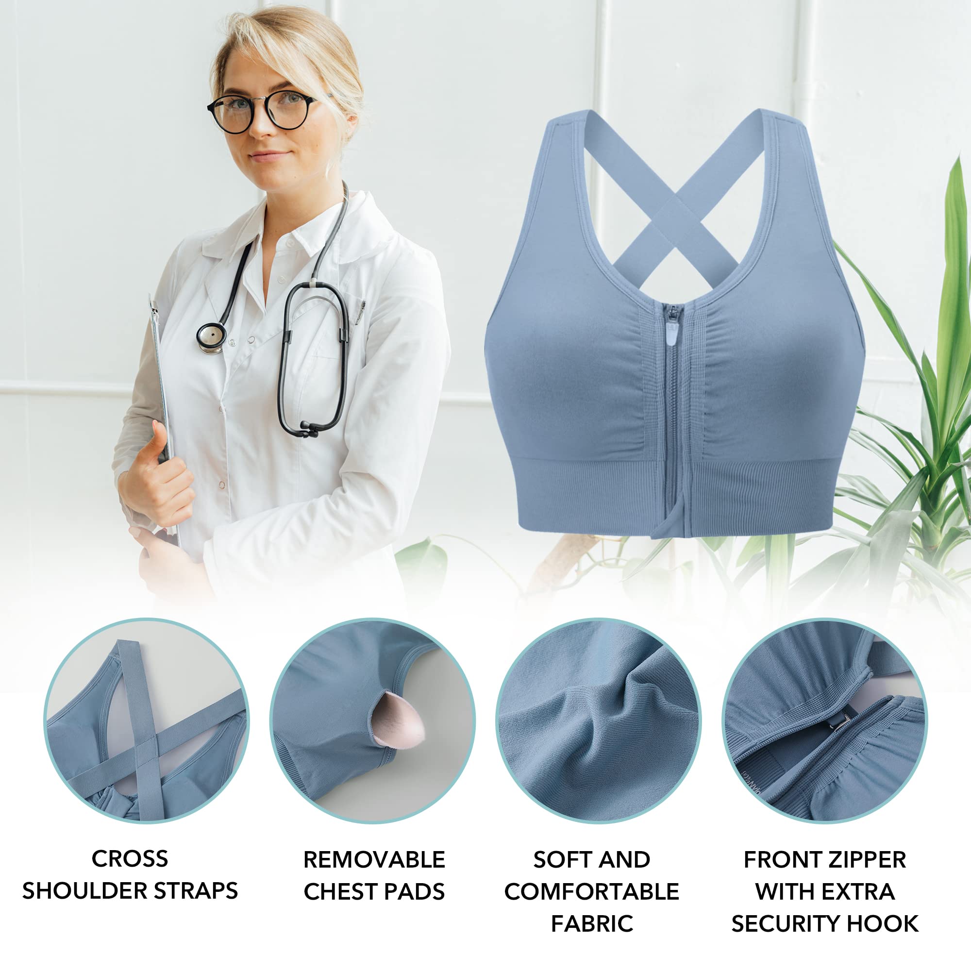 Evercute Zip Front Post-Surgery Bra for Women - Wireless Sports Bra with Padded Straps, Medium Support Yoga & Athletic Bras - Perfect for Post-Op Recovery, Gym Workouts & Everyday Comfort