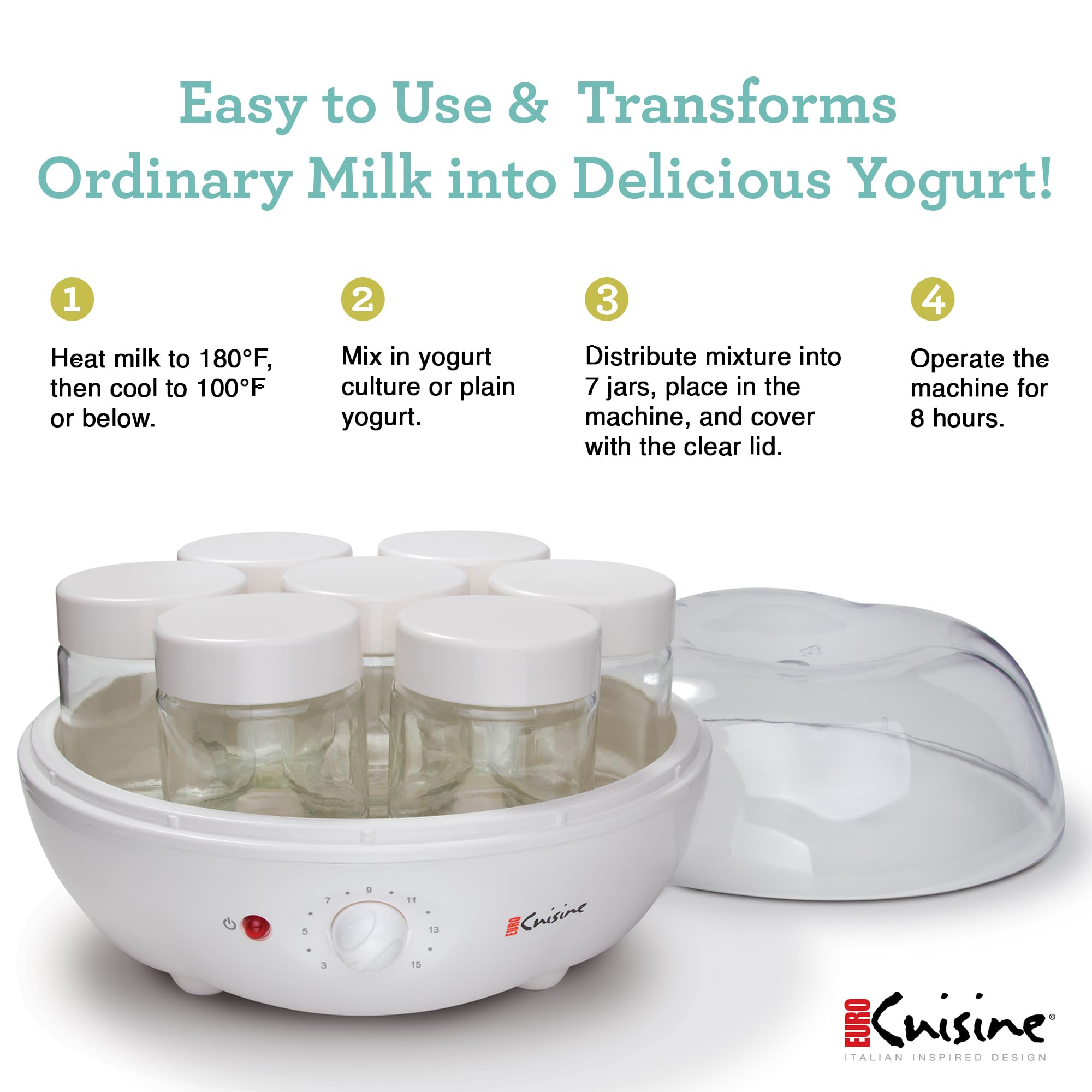 Euro Cuisine YM100 Automatic Yogurt Maker with 7 Glass Jars (6oz Each) & 15-Hour Timer - Electric Yogurt Machine with Auto Shut Off for Homemade Probiotic Yogurt - Perfect for Healthy Breakfast, Snacks & Gut Health Improvement