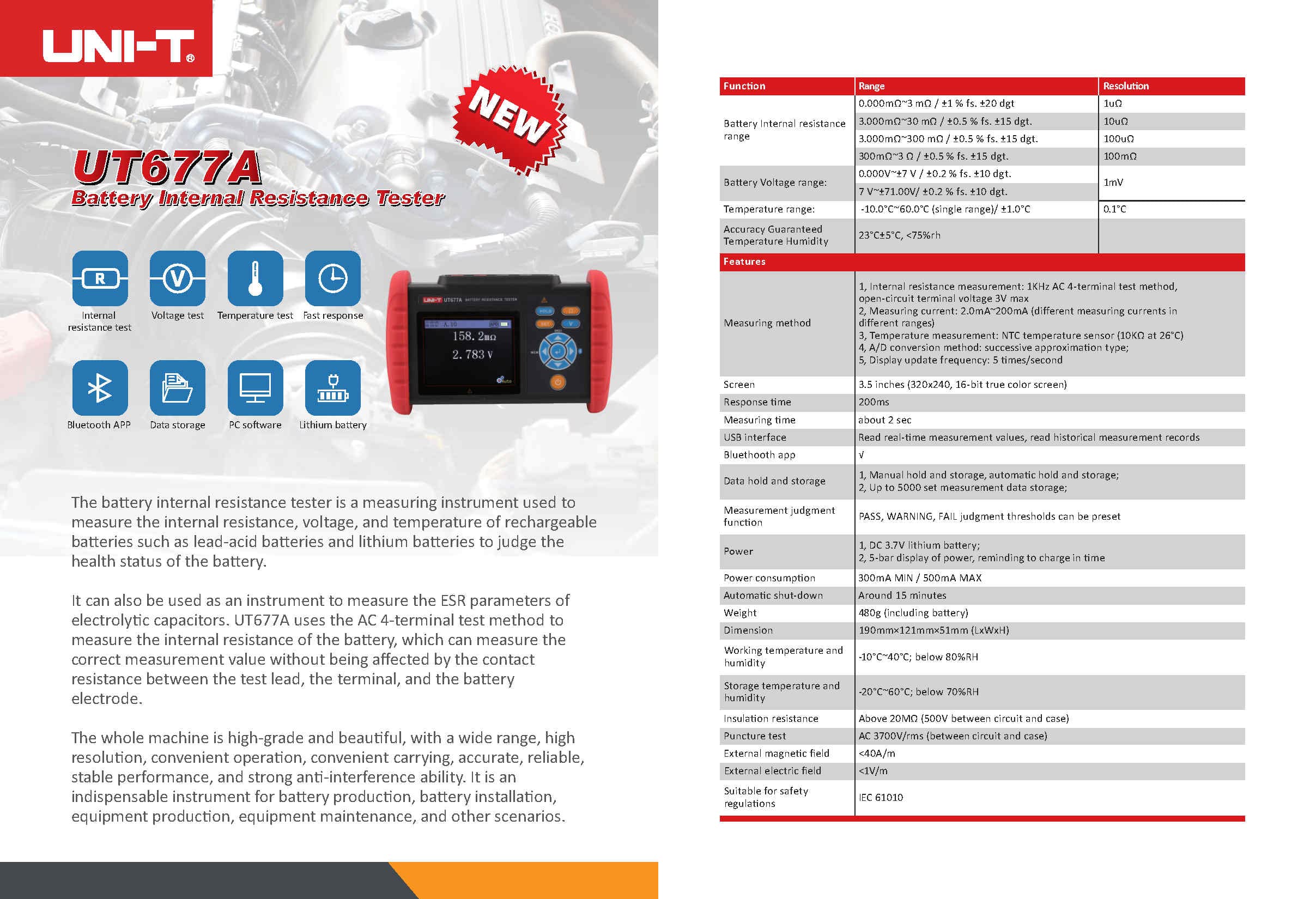UNI-T UT677A Battery Internal Resistance Tester - True 4-Wire AC Resistance Meter for Lead-Acid & Lithium Batteries with Voltage and Temperature Measurement - Perfect for Automotive, Solar Power & Industrial Battery Maintenance