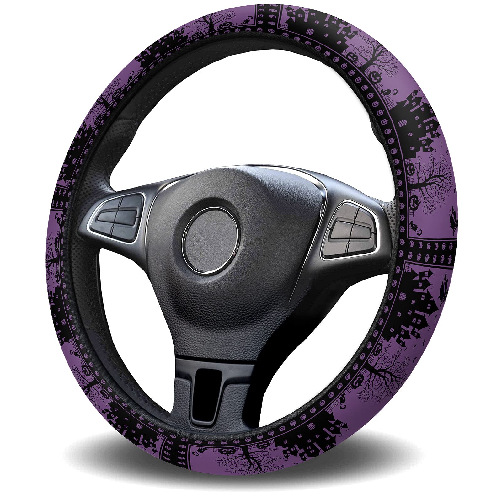 Happy Halloween Haunted House Jack-O'-Lanterns Witches Bats Pumpkins Elastic Sponge Skidproof Steering Wheel Cover - Car Accessories for Sedans, SUVs, Vans & Trucks | Perfect for Halloween Decorations & Safe Driving