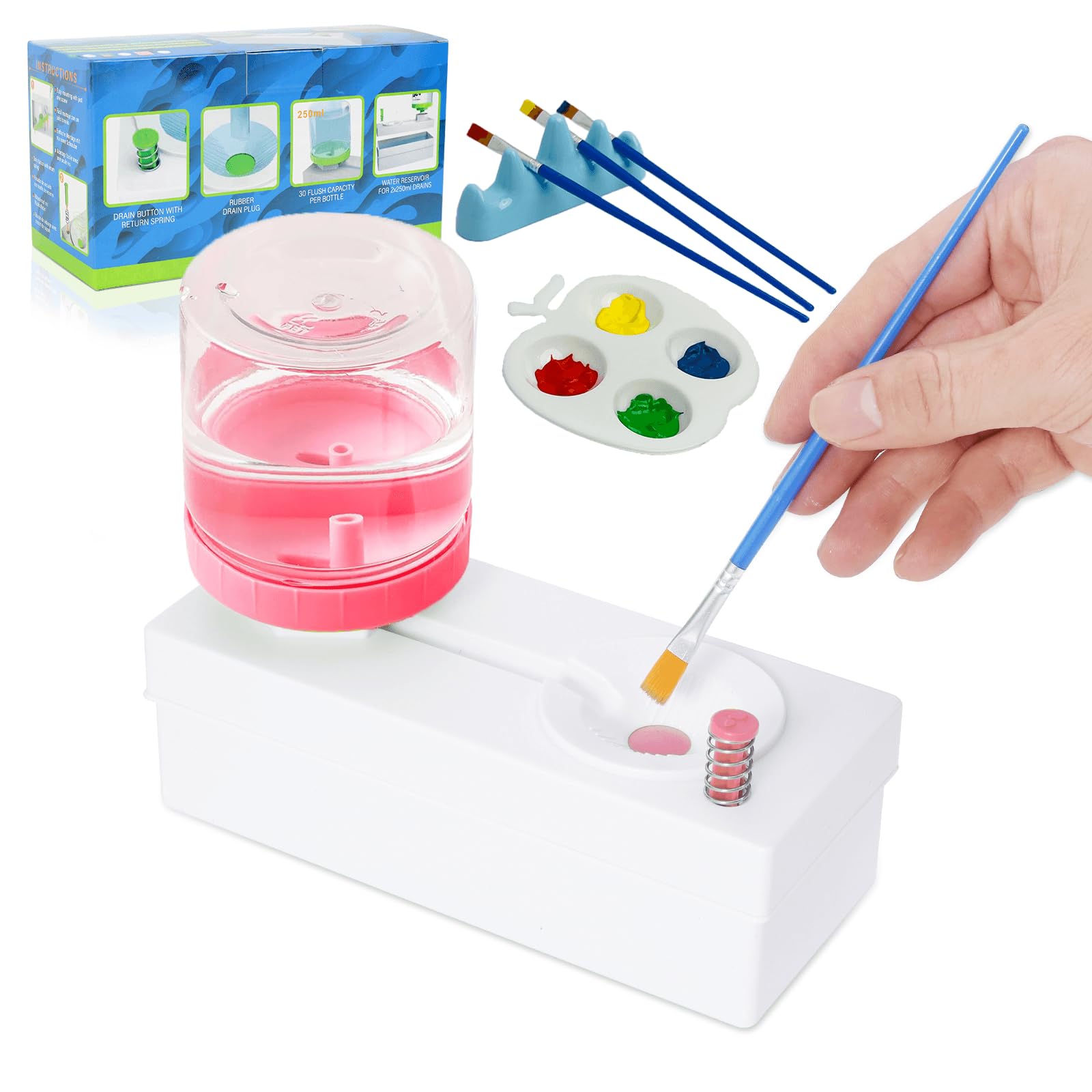 Premium Paint Brush Cleaner & Makeup Brush Cleaner Kit with Rinse Cup - 4-in-1 Paint Water Dispenser Station for Acrylic, Watercolor & Oil Painting - Includes 4 Pens, Pen Holder & Paint Tray - Perfect for Artists & Makeup Enthusiasts at Home or Studio