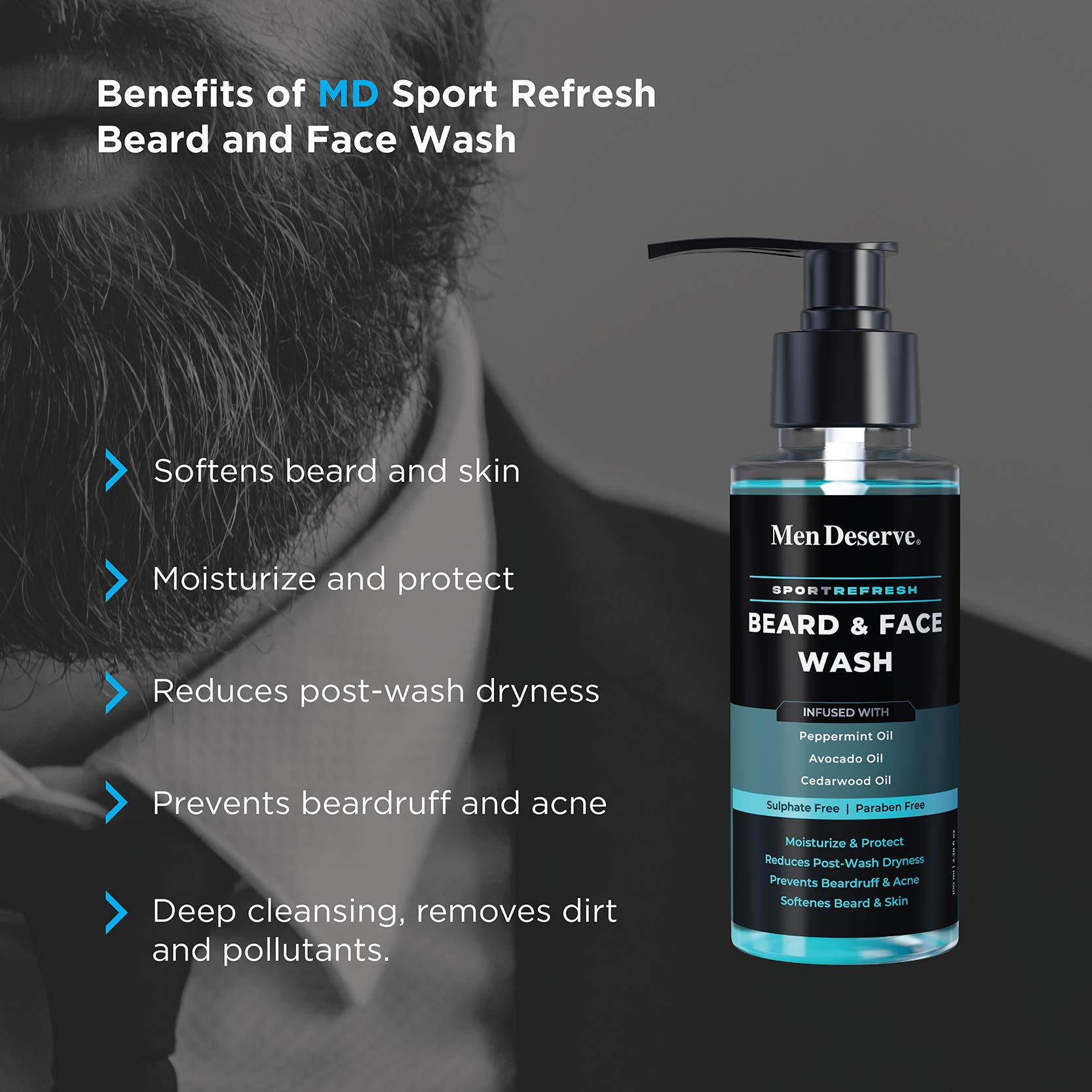 Men's Beard & Face Wash with Peppermint, Avocado & Cedarwood Oil - Sulfate & Paraben Free, 100ml - Refreshing Cleanser for Daily Grooming & Post-Workout Care