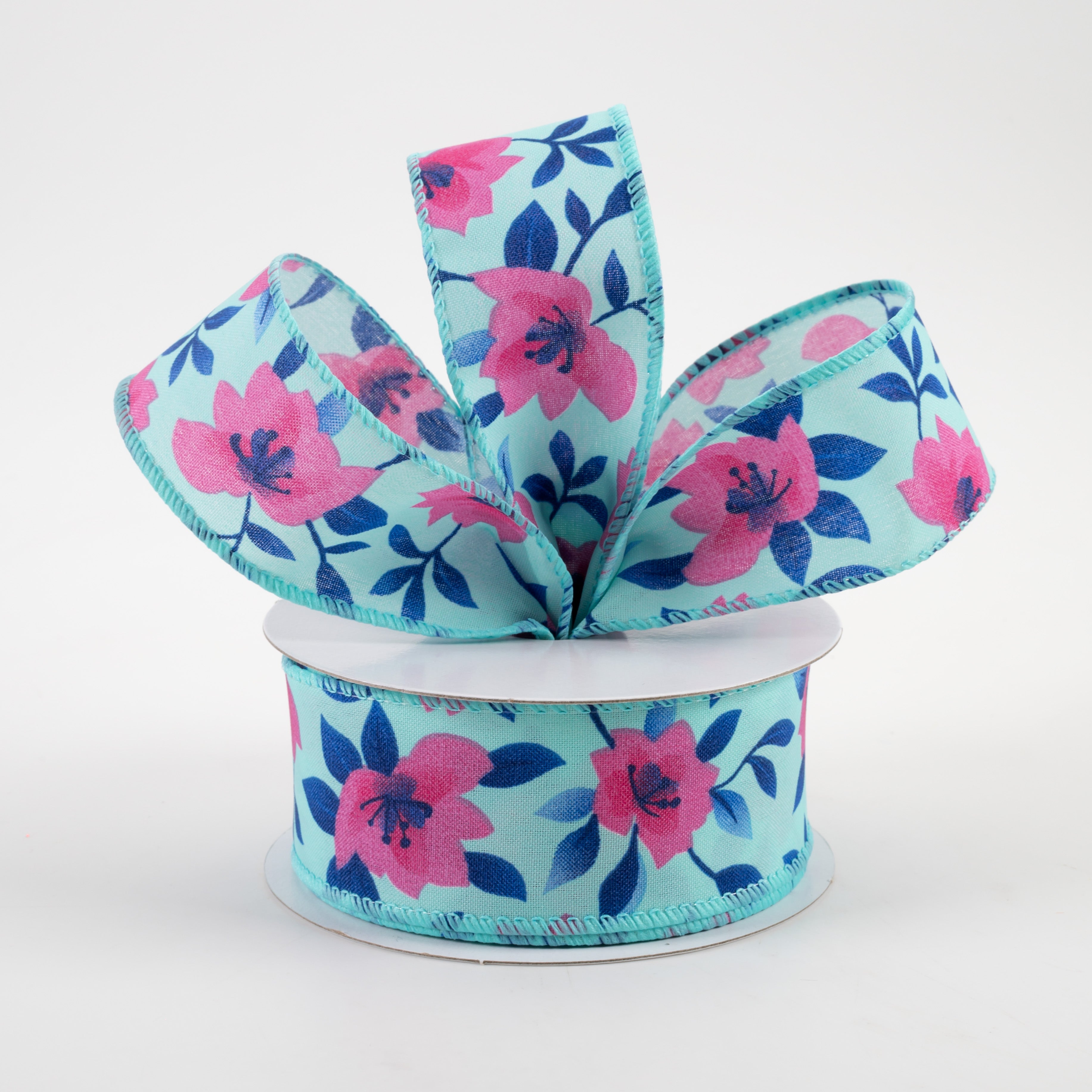 1.5 Inch Magnolias Satin Ribbon - Aqua & Fuchsia Floral Print (10 Yards) for Gift Wrapping, Wedding Decorations & DIY Crafts