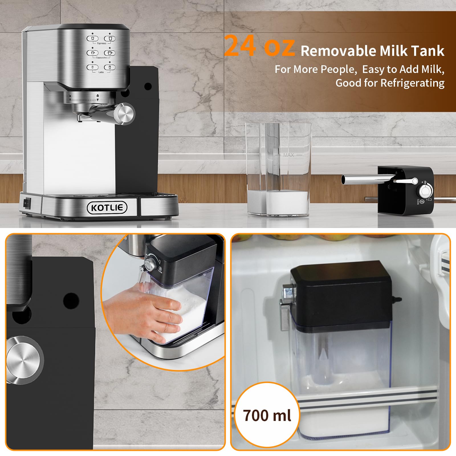 KOTLIE Automatic Espresso Coffee Machine with Milk Frother - 20Bar Pressure, Dual Heat System (1350W & 900W), ESE Pod Compatible for Espresso/Cappuccino/Latte - Perfect for Home, Office & Coffee Shops (120V, Metal)