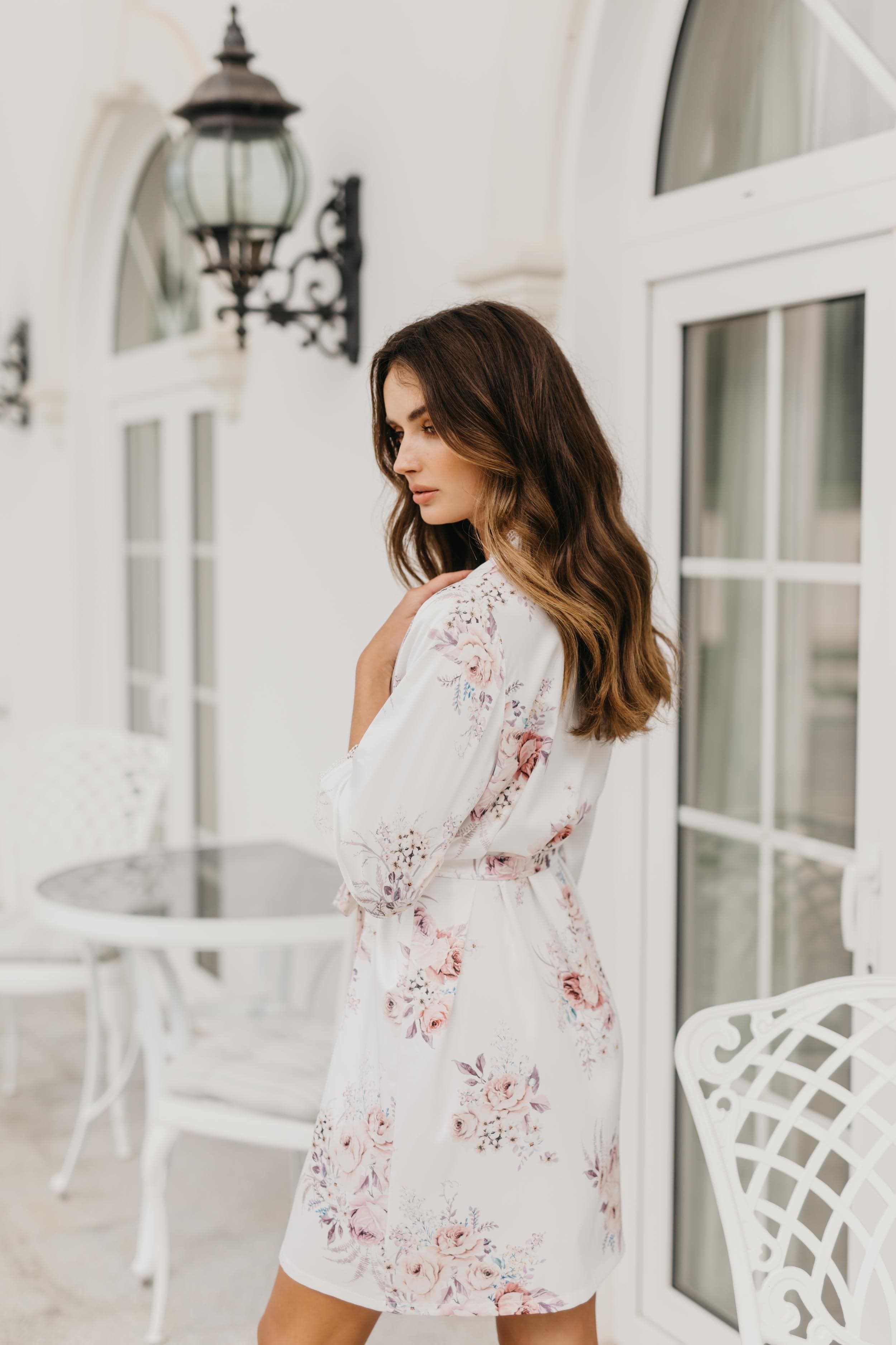 Elegant Rose Mist Floral Lace Trim Satin Robe - Women's Luxury Kimono Bathrobe for Bridal, Spa, Honeymoon & Boudoir Photography