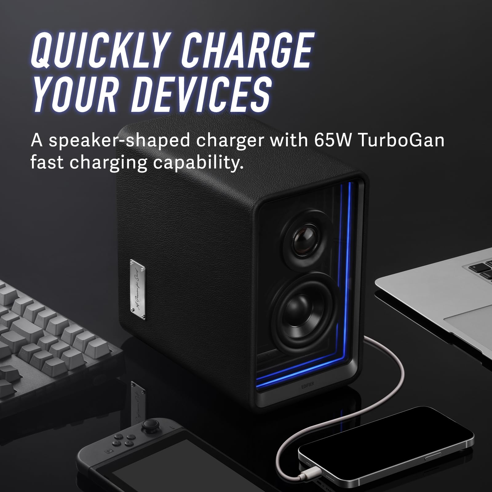 Edifier QR65 70W RMS Bluetooth Computer Speakers with Hi-Res 24bit Wireless Audio, Active Monitor Speakers with 65W GaN Fast Charger, Subwoofer Out & RGB Light Effects (Black) - Perfect for Gaming, Home Theater & Music Production Studios
