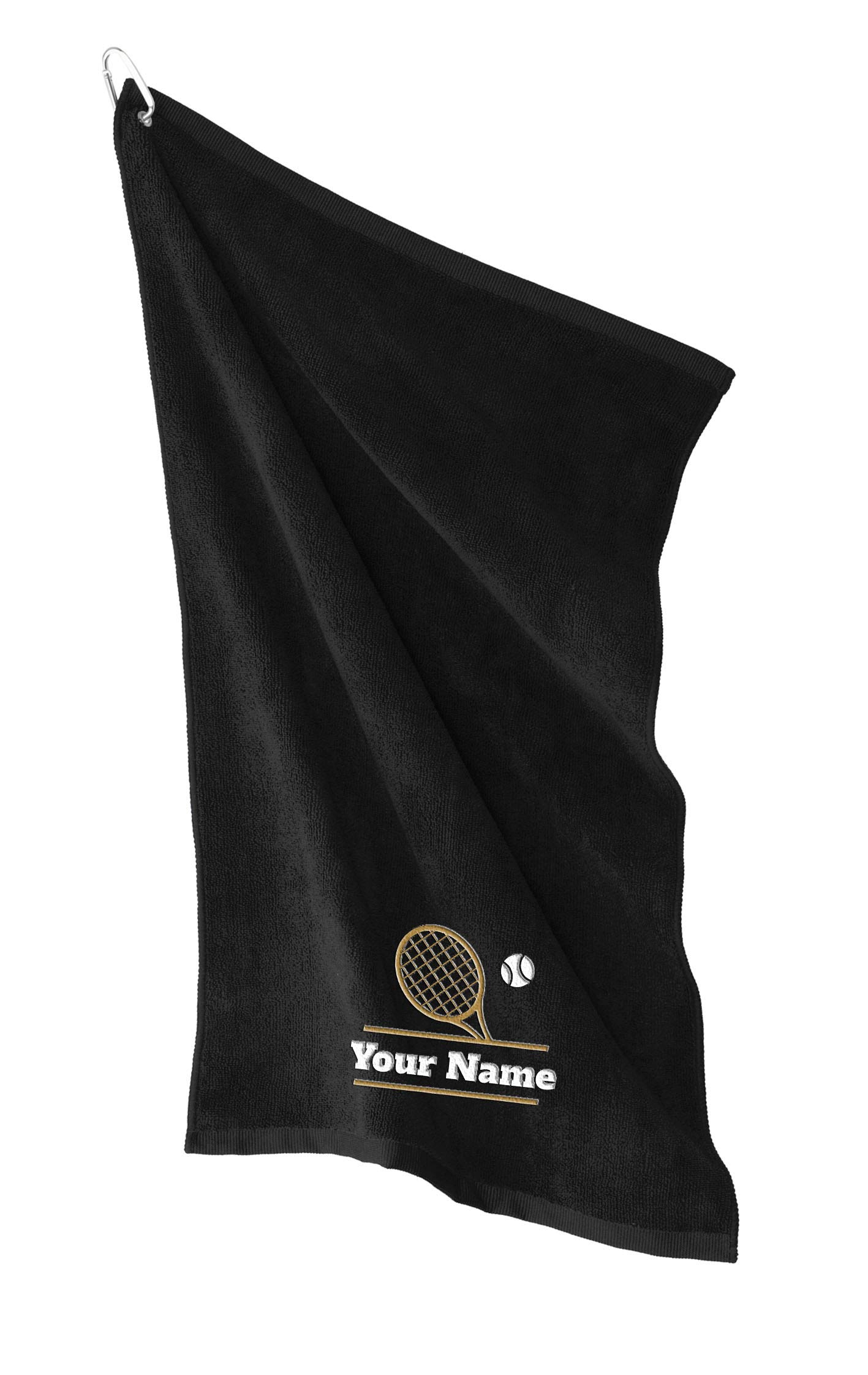 Personalized Tennis Towel with Carabiner Hook - Custom Name & Design - 16x26 Inch Black Microfiber Towel - Absorbent Polyester Nylon Fabric - Perfect for Tennis Matches, Gym & Outdoor Sports