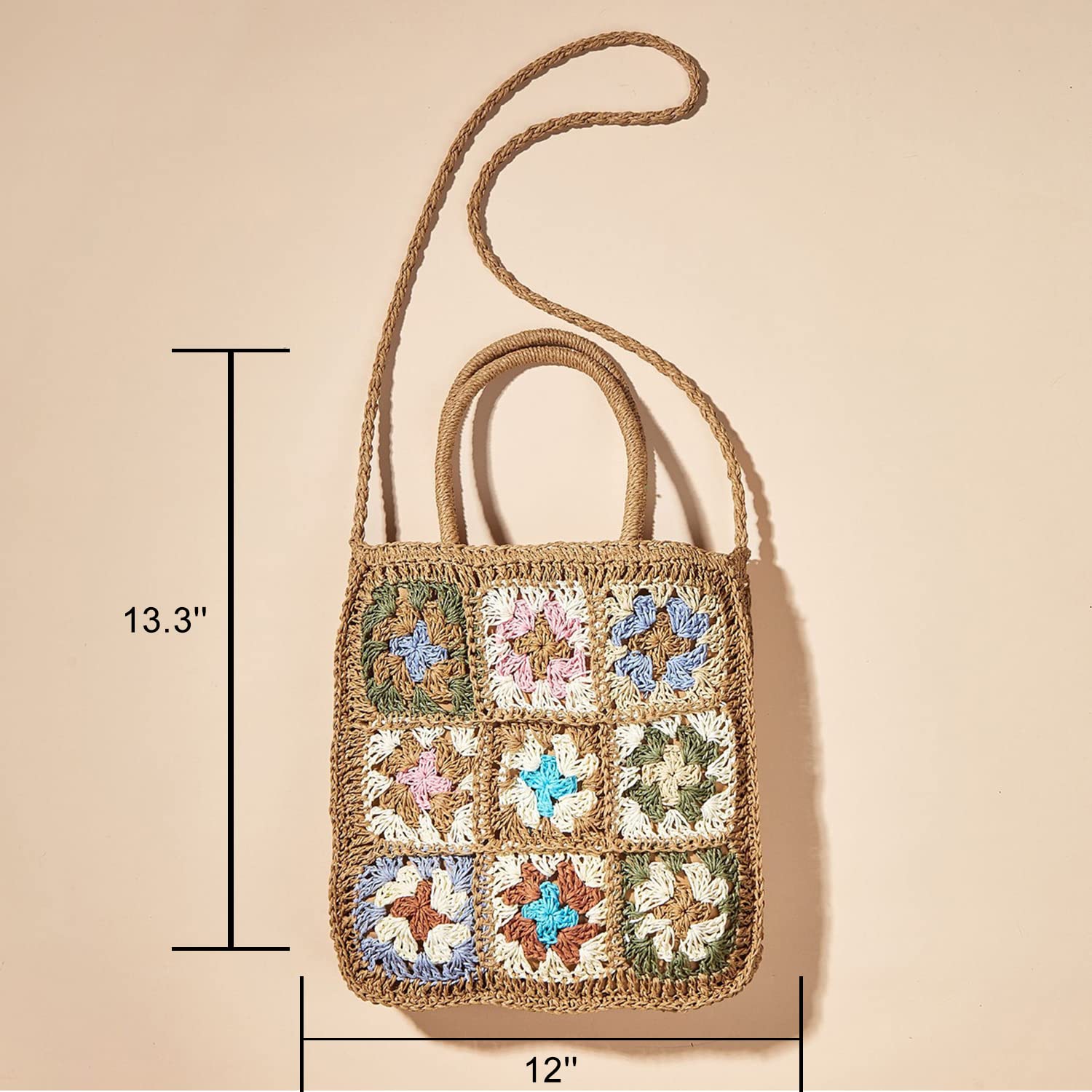 Straw Bag for Women - Hand-Woven Rattan Shoulder Bag & Crossbody Purse - Jiugongge Floral Retro Beach Bag (Khaki) | Perfect for Summer Vacations, Beach Trips & Boho Fashion