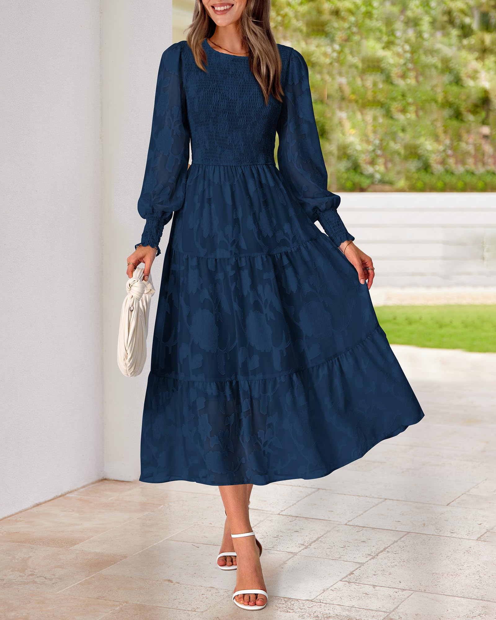 BTFBM Elegant Floral Midi Dress for Women - Long Sleeve Bohemian Wedding Guest Dress, Spring 2025 Casual Flowy Dress for Bridal Shower, Garden Party & Special Occasions