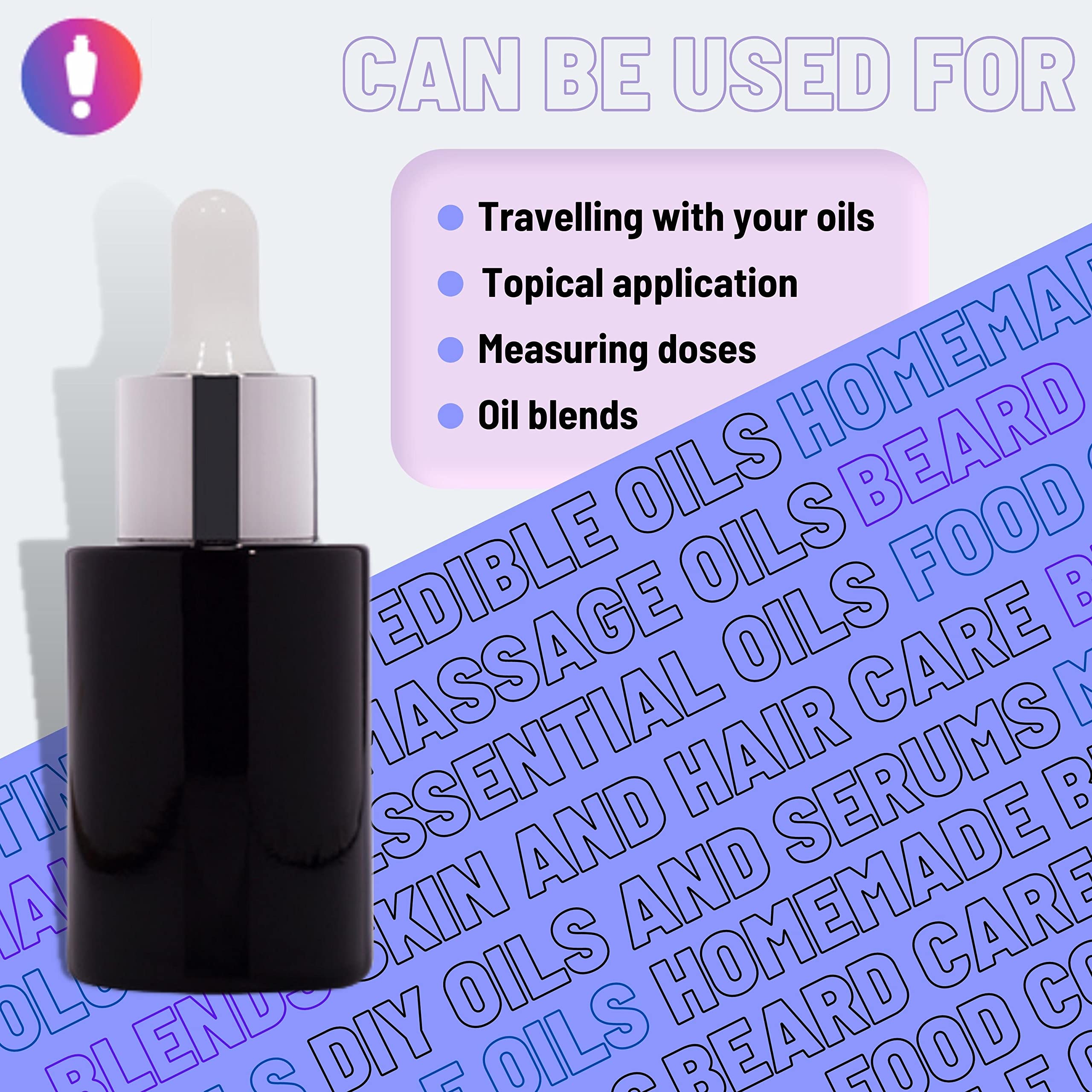 Rentra S.P.A 30ml Glossy Black Round Flat Neck Glass Bottle with Glass Dropper, Silver Ring & White Silicone Teat - Perfect for Essential Oils, DIY Beauty Products & Home Decor