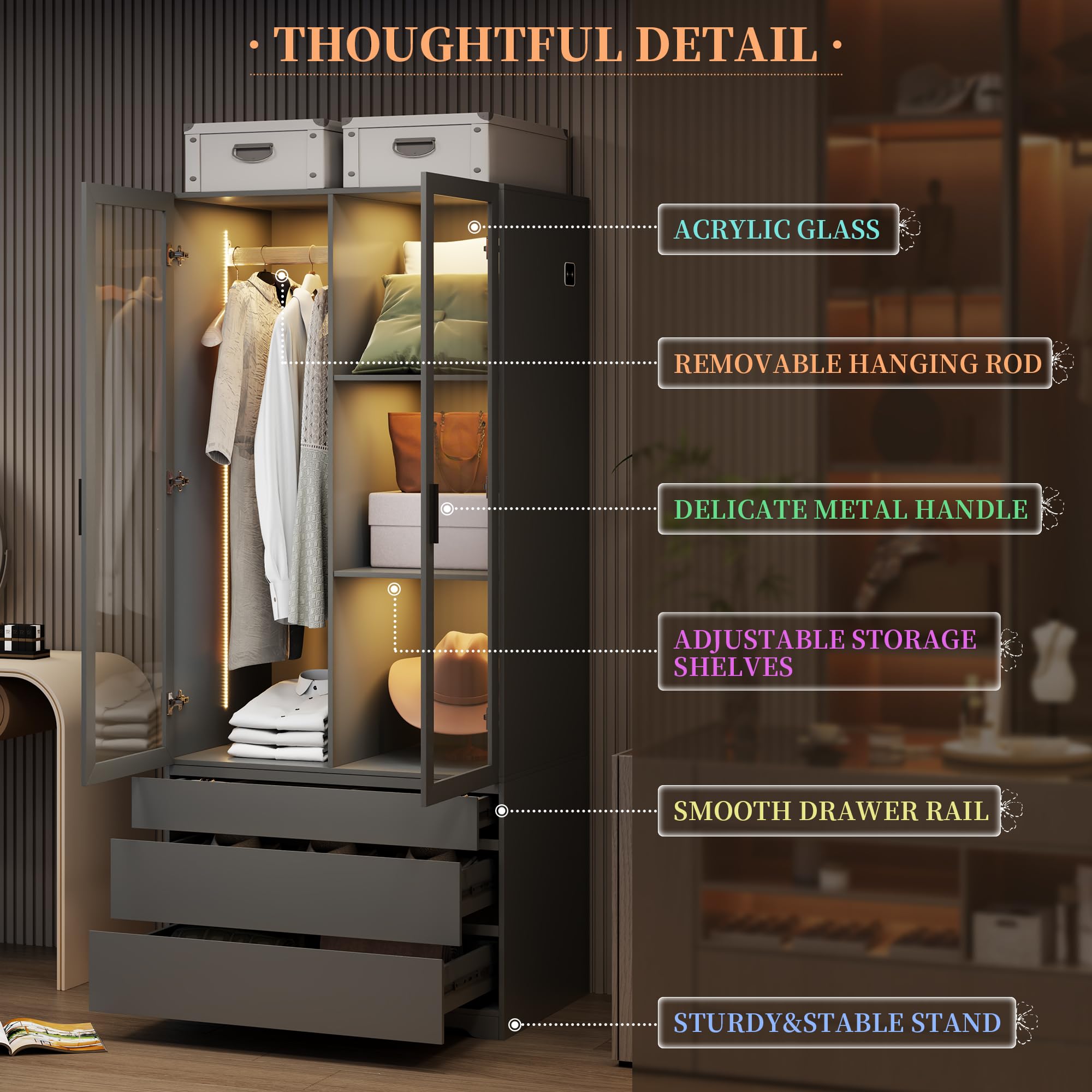 Modern LED Armoire Wardrobe Closet Cabinet with 3 Drawers & 2 Doors - 70