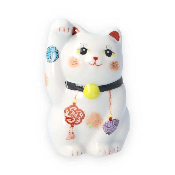 Authentic Japanese Kutani Yaki Maneki Neko Lucky Cat Figurine - Traditional Mizuhiki Decorative Knot Black Ceramic - Perfect for Home Decor, Office Feng Shui & Japanese Culture Collectors