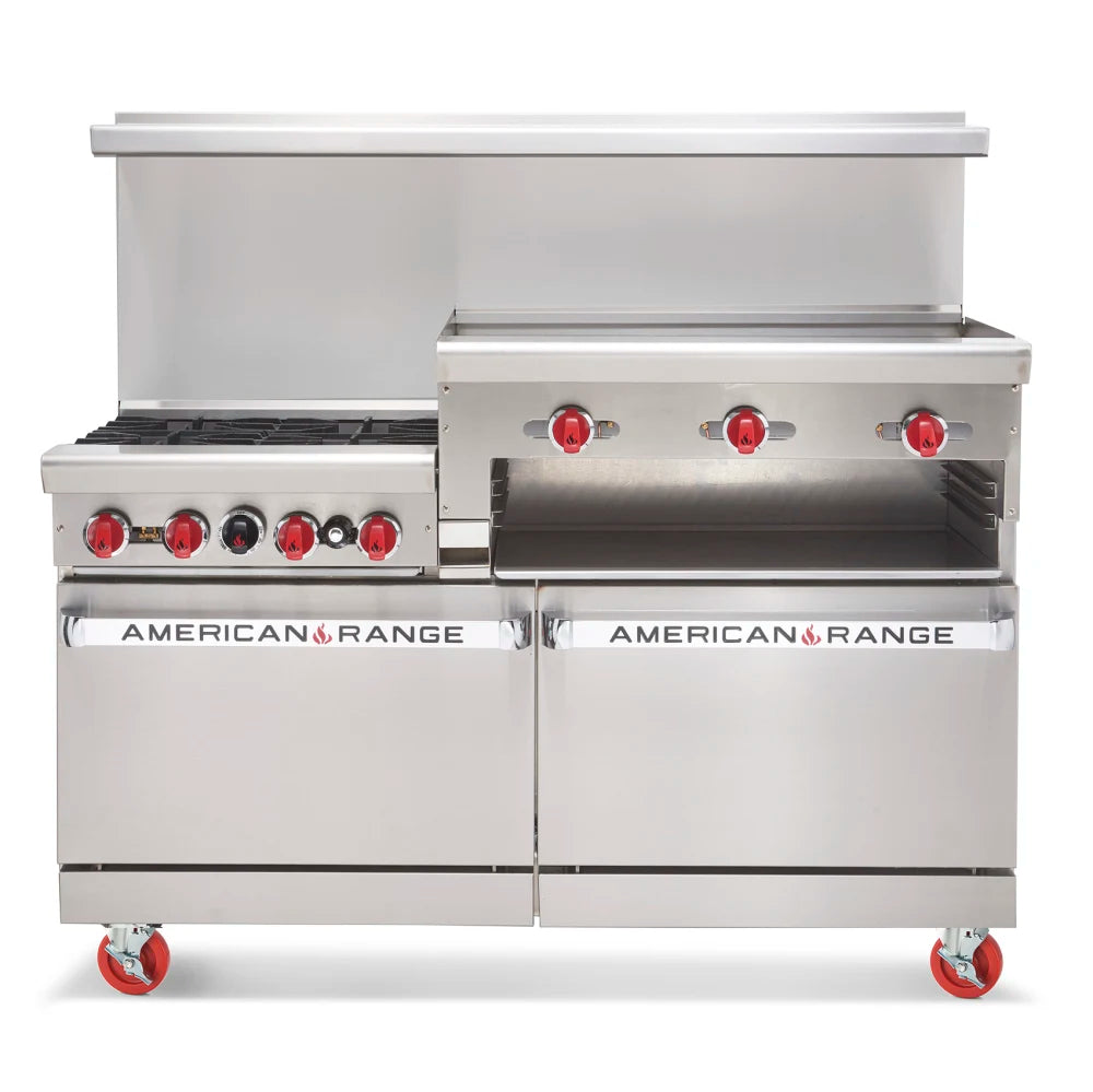 American Range AR 6B 24RG DSB 60 6-Burner Commercial Gas Range with Raised Griddle, Broiler & 2 Standard Bases - Perfect for Restaurants, Catering & Large Family Kitchens