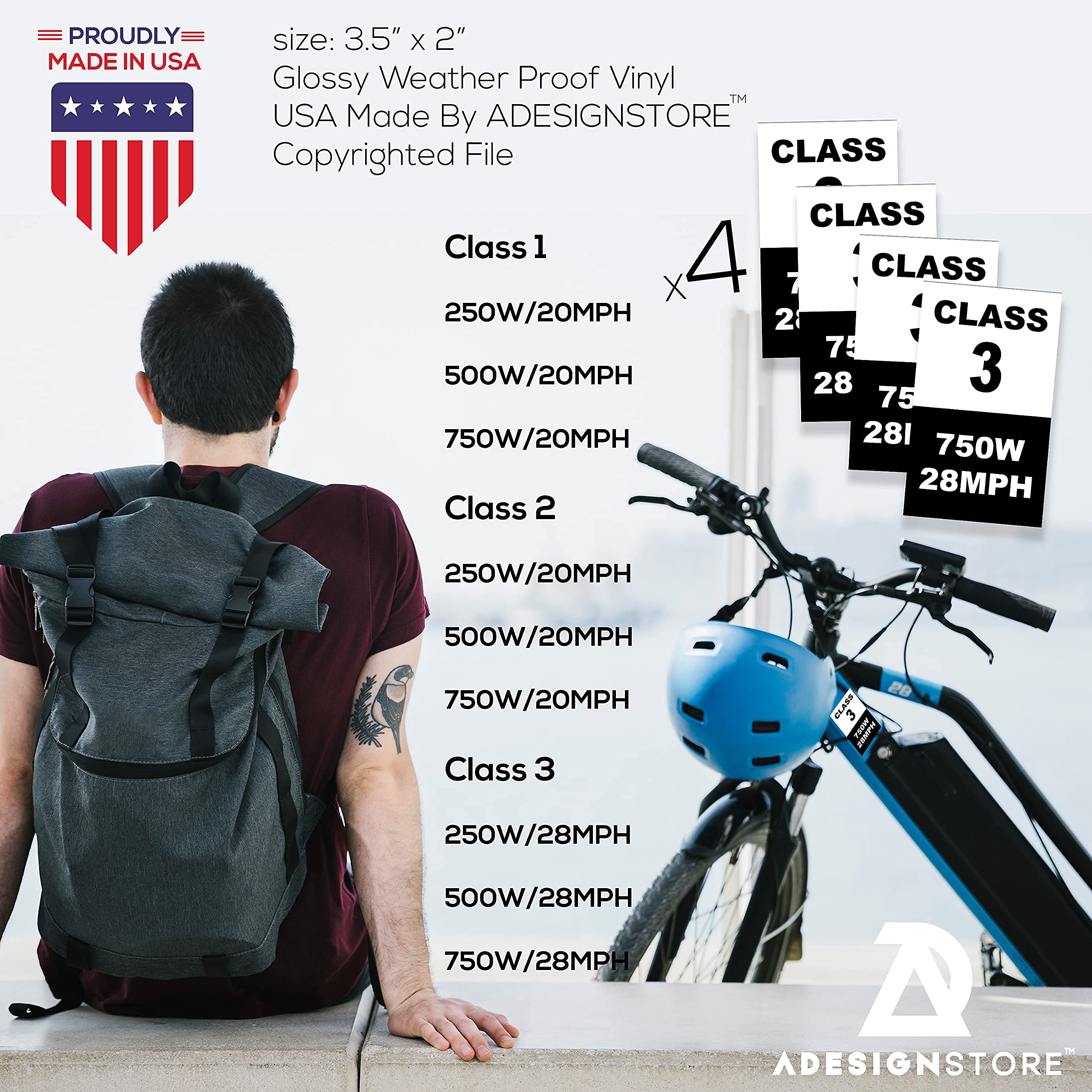 750W Electric Bike Frame Stickers - Class 2 eBike Identification Decals (20MPH, Weatherproof Vinyl, Set of 4 Removable Stickers) - Perfect for eBike Registration, Commuting & Off-Road Cycling