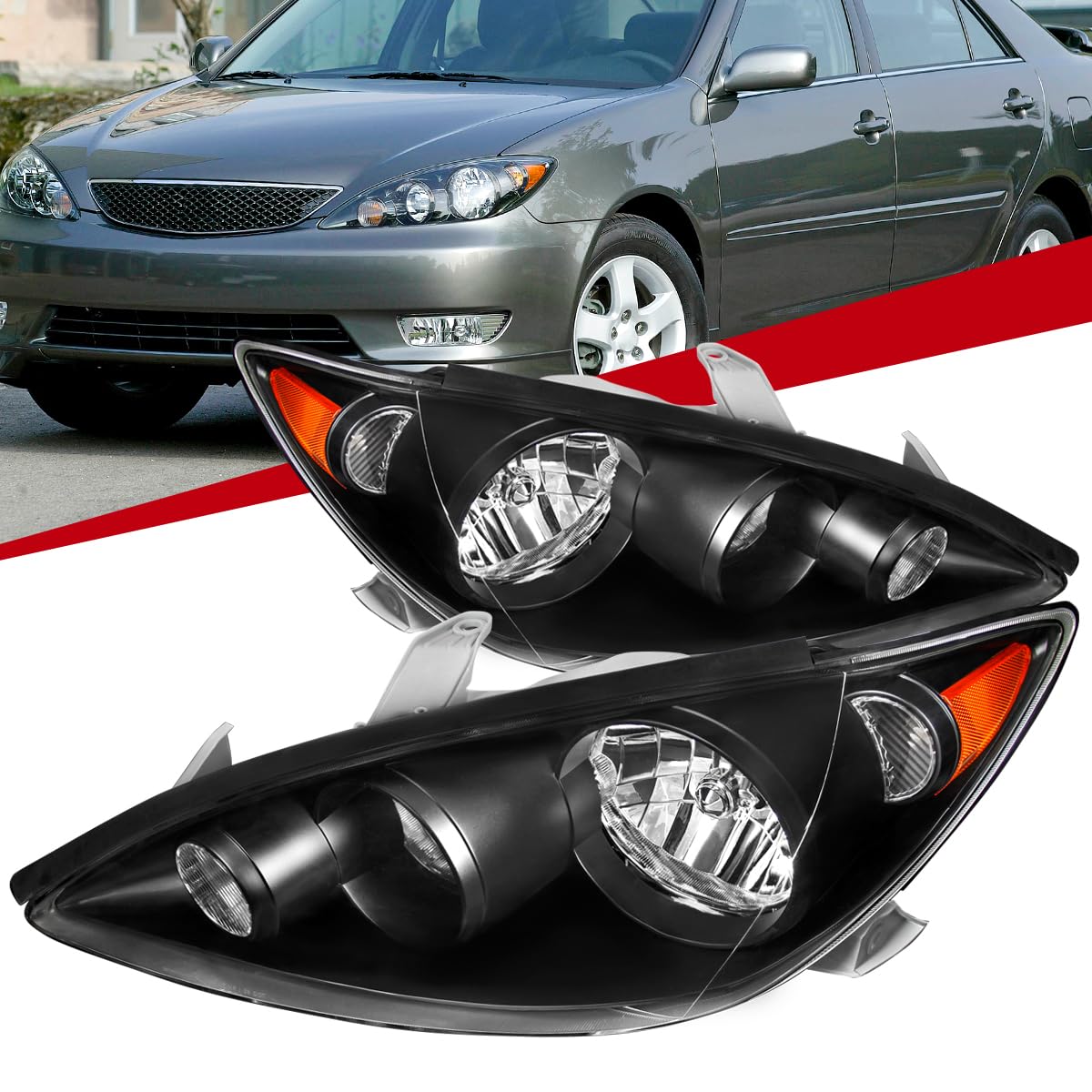 2005-2006 Toyota Camry Base LE SE XLE Replacement Headlights - Black Housing with Clear Lens & Amber Turn Signals | Perfect for Night Driving & Car Upgrades