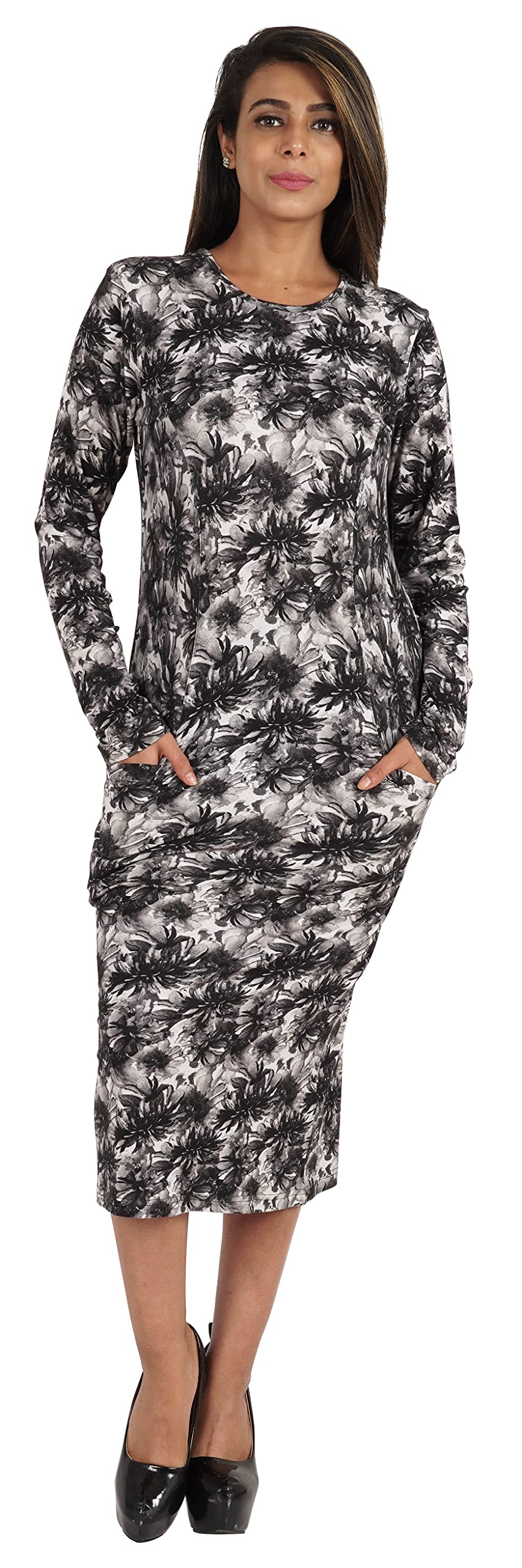Bimba Women's Printed Long Bodycon Dress with Pockets - Full Sleeve Midi Dress for Casual Wear, Party & Office Outfits
