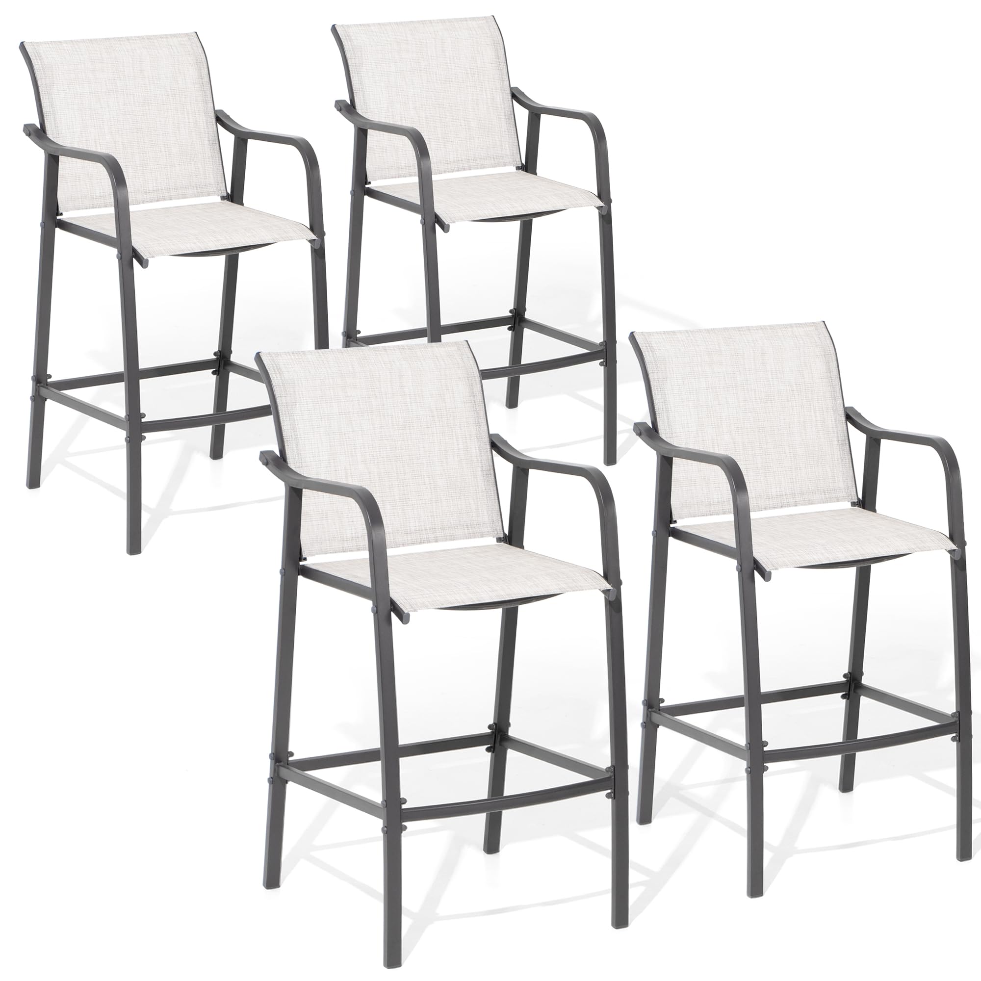 Outdoor Metal Bar Stools Set of 4 - Counter Height Steel Patio Chairs with Textilene Seat, Armrest & Footrest - Lightweight Grey Patio Furniture for Backyard, Deck, Poolside & Outdoor Dining