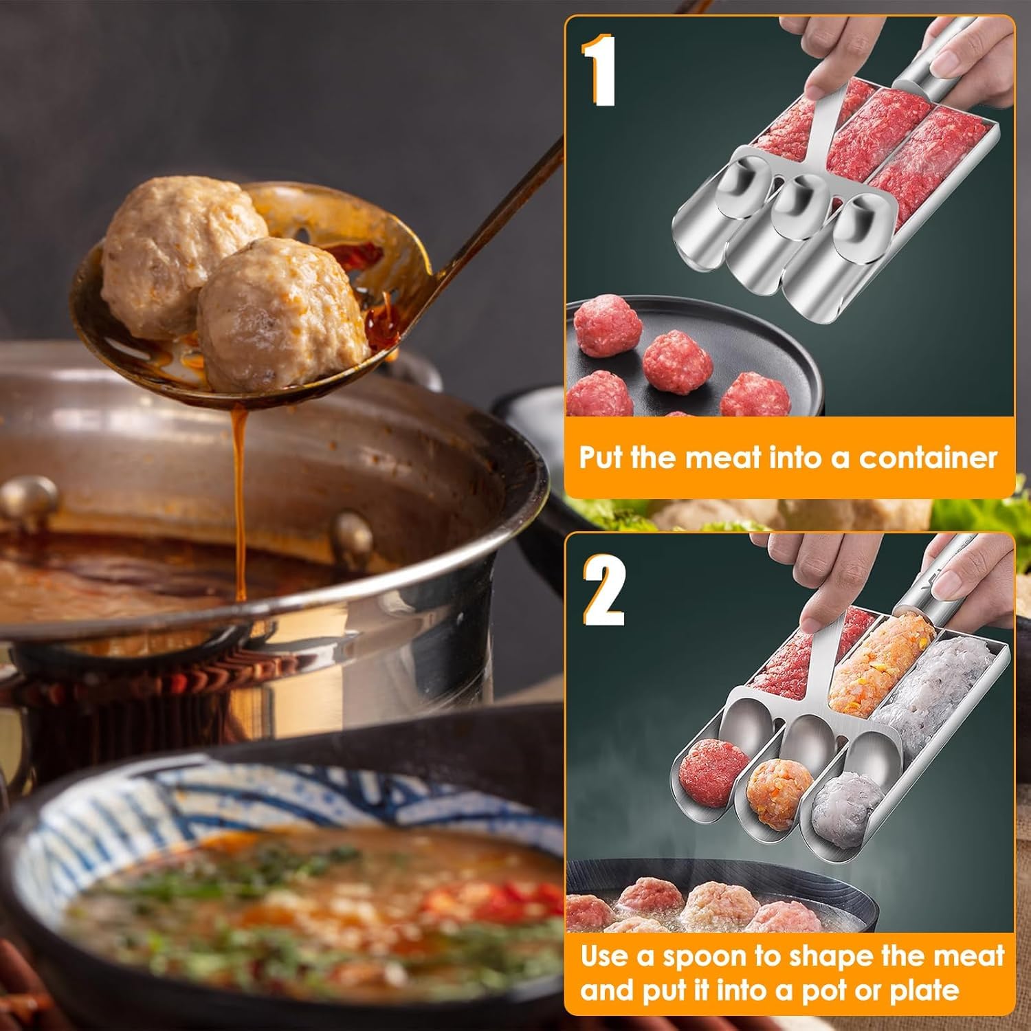 Triple Meatball Maker - Stainless Steel Kitchen Tool for Perfect Meatballs, Scoop & Mold (3 Tubes) | Ideal for Home Cooking, Meal Prep & Party Food