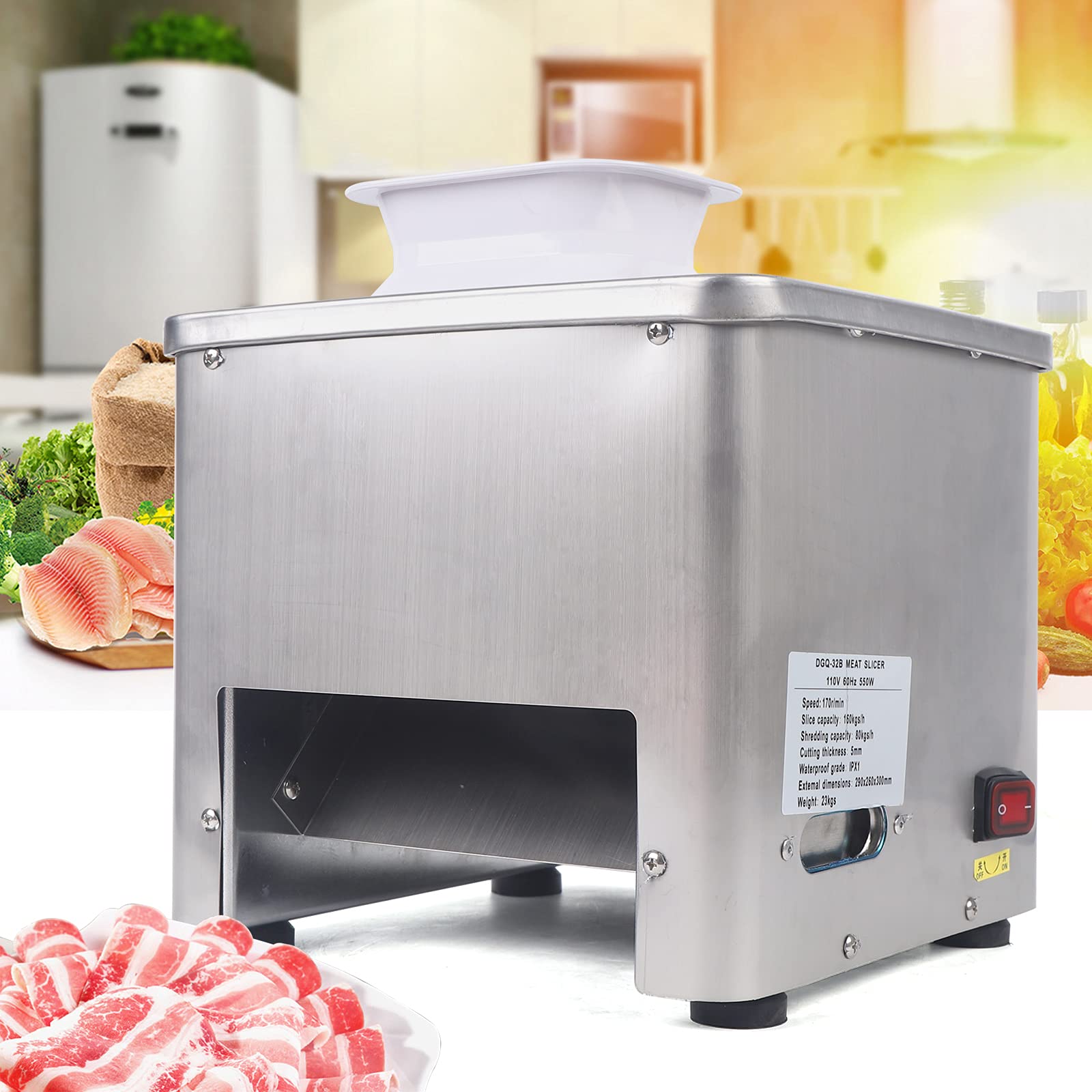 Commercial Meat Cutter Machine 110V - 8.5mm Stainless Steel Blade, 350lb/h Automatic Meat Slicer for Beef, Pork, Chicken - Cube, Strip & Shred Meat - Restaurant & Butcher Shop Food Processing Equipment - Perfect for Deli, BBQ & Meal Prep