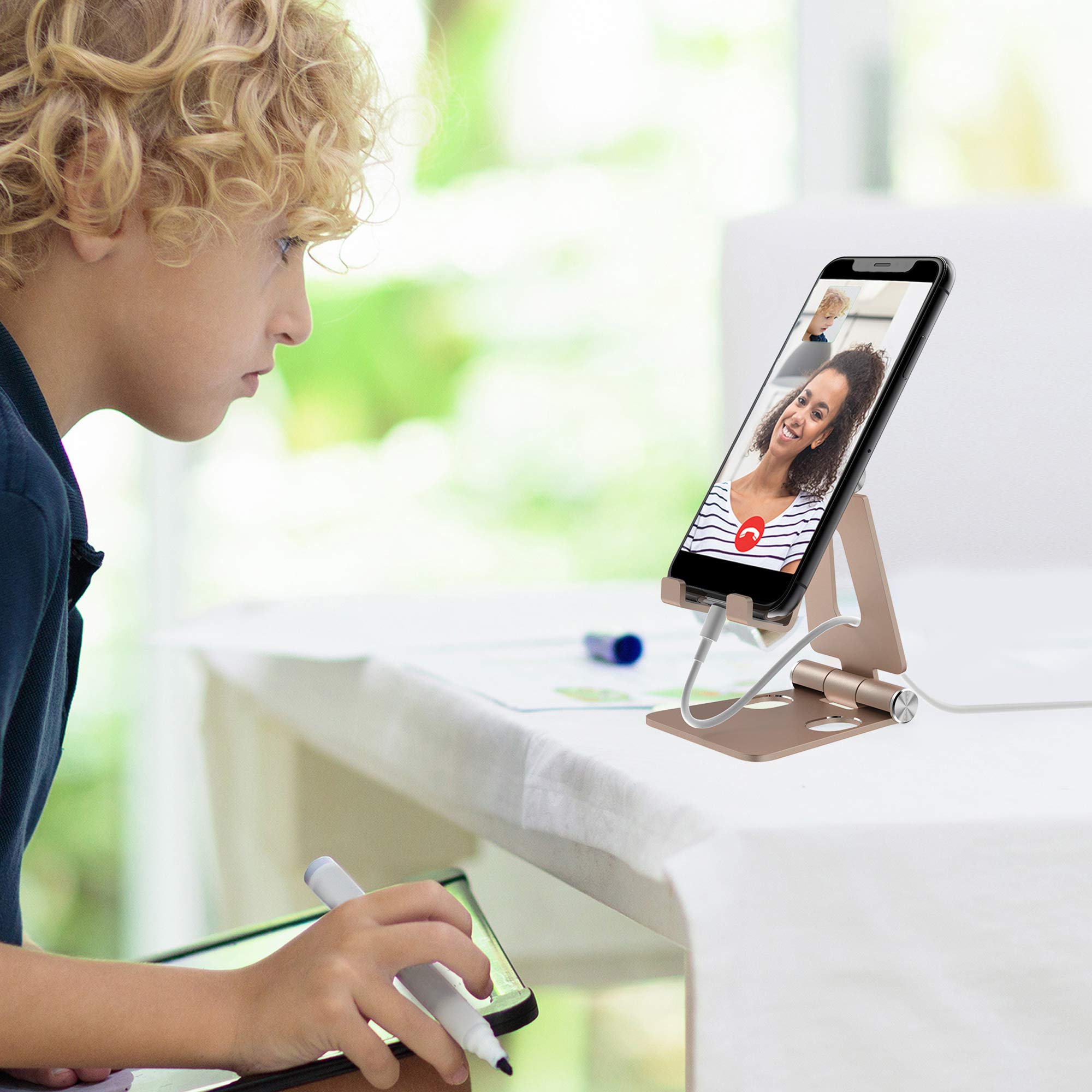 Aduro U-Rise Adjustable & Foldable Aluminum Phone Stand - Universal Smartphone Holder for Desk, Tabletop, Office & Home - Gold (Portable, Durable Steel Design) - Perfect for Video Calls, Watching Movies & Hands-Free Use