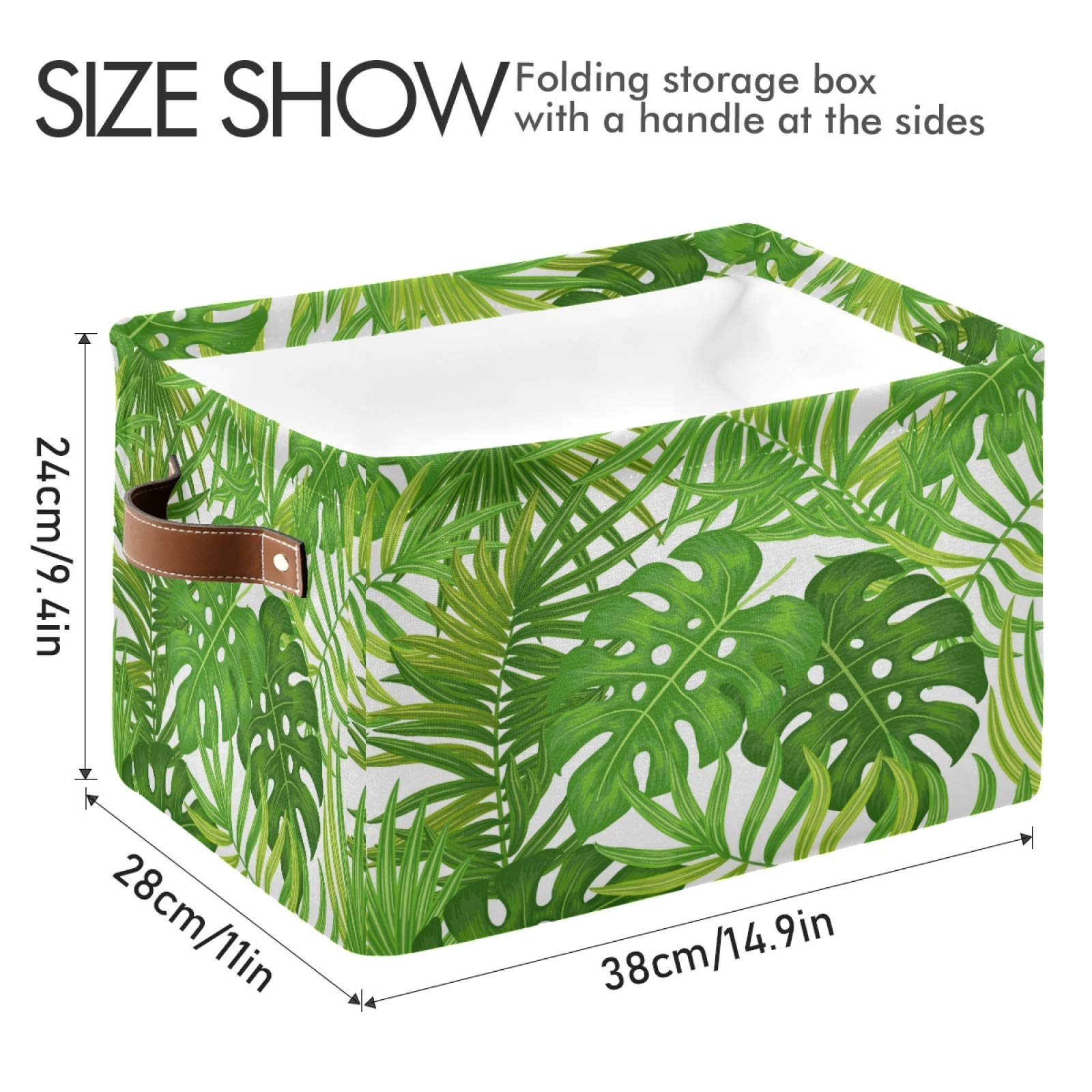 AUUXVA Collapsible Storage Basket with Handles - Tropical Palm Tree & Monstera Leaf Pattern Canvas Organizer Bin for Toys, Clothes & Home Decor | Perfect for Bedroom, Closet, Shelf & Office Organization