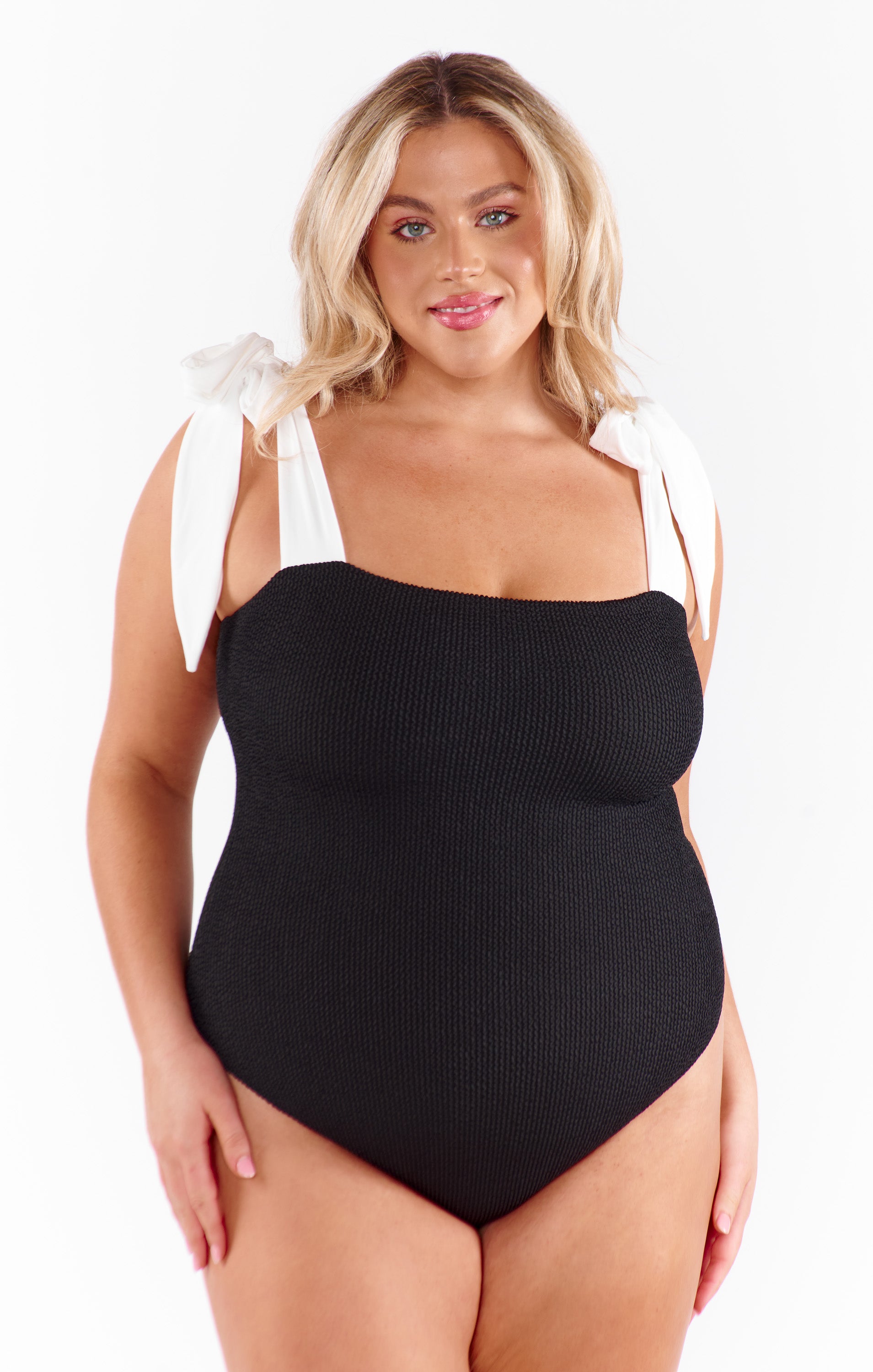 Hudson One Piece Swimsuit - Black Scrunch Bikini with White Bow | High Waisted Bathing Suit for Women | Perfect for Beach, Pool & Summer Vacations