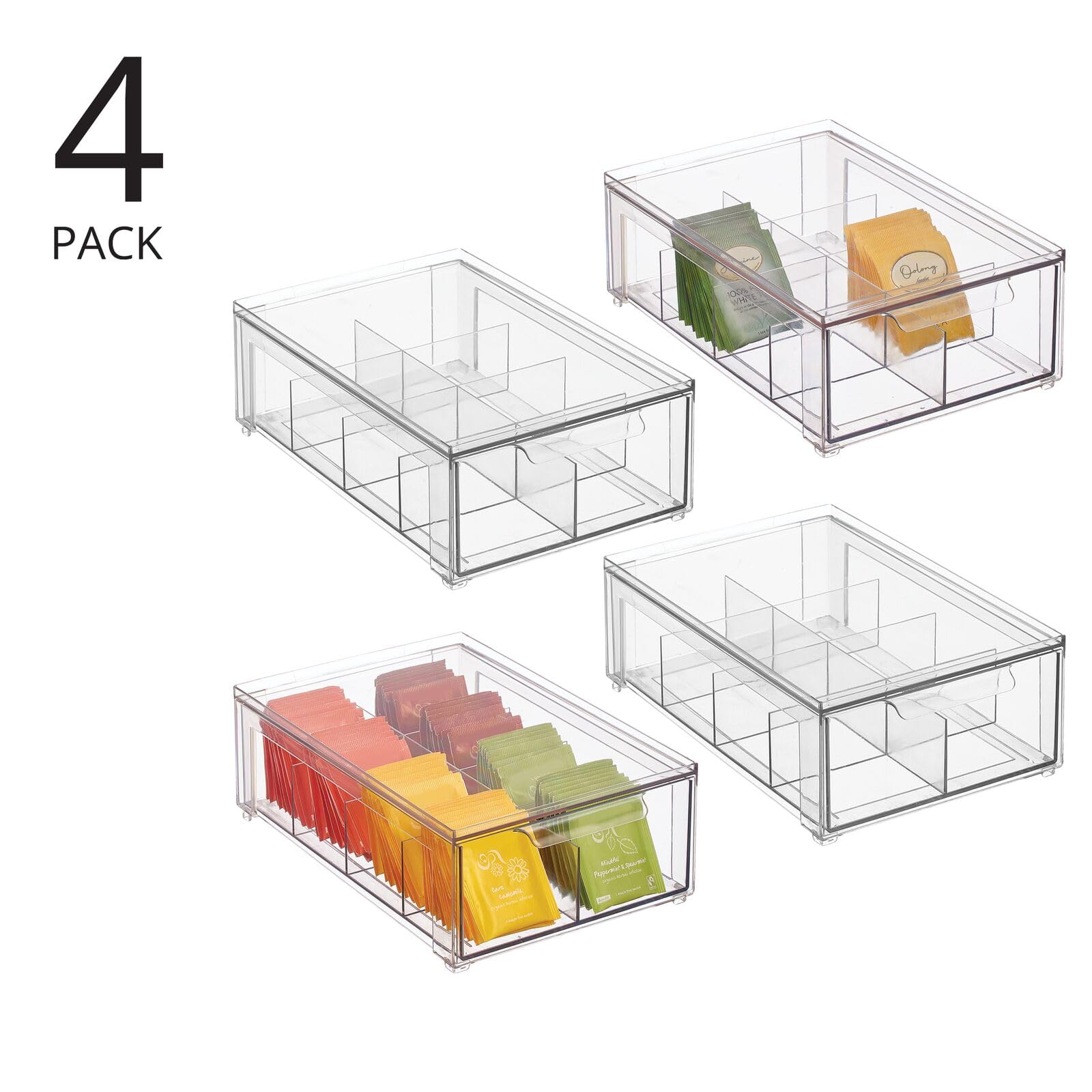 mDesign Plastic Kitchen and Pantry Organizer with Divided Drawer - Stackable 8-Section Bin for Tea, Snacks, Spices - Perfect for Cabinet, Fridge, Countertop Storage - Clear Lumiere Collection (4-Pack) - Ideal for Small Space Organization & Kitchen Decluttering