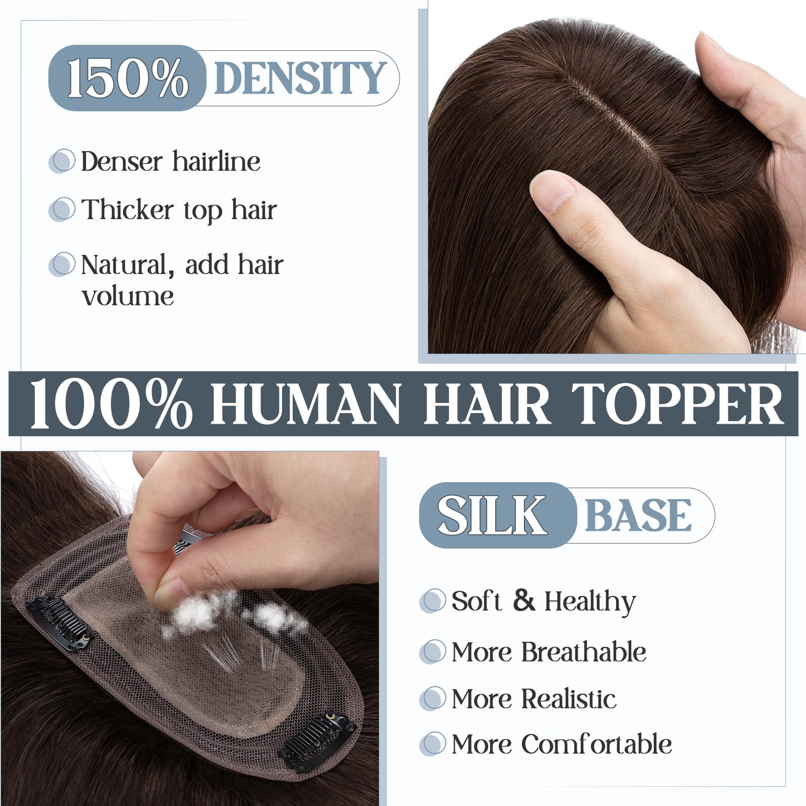 Premium Benehair Clip-In Hair Toppers for Women - 12 Inch #2 Dark Brown 150% Density Remy Human Hair with Bangs (7x13cm Silk Base) - Natural Solution for Thinning Hair | Perfect for Daily Wear, Special Occasions & Styling