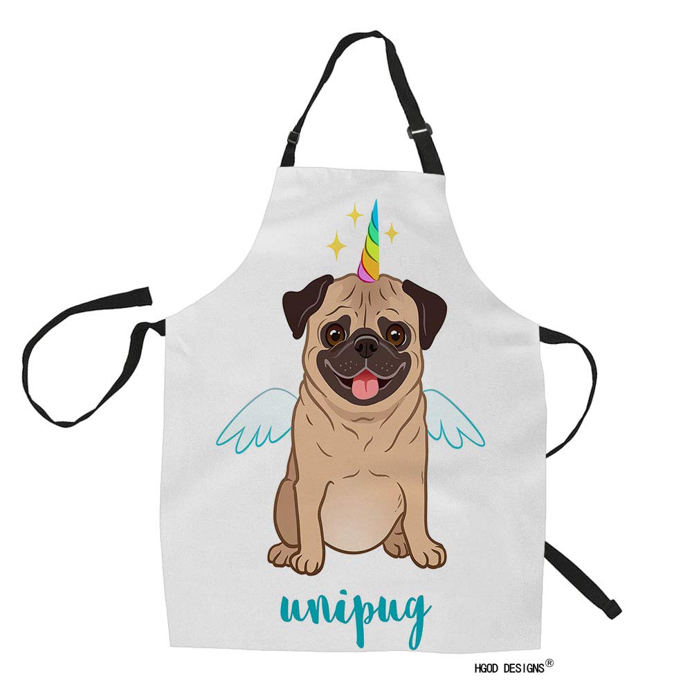 HGOD DESIGNS Unicorn Pug Dog Apron - Adjustable Kitchen Bib for Cooking & Gardening - Cute Winged Pug Design for Women & Men - Perfect for Baking, BBQ, and Home Use