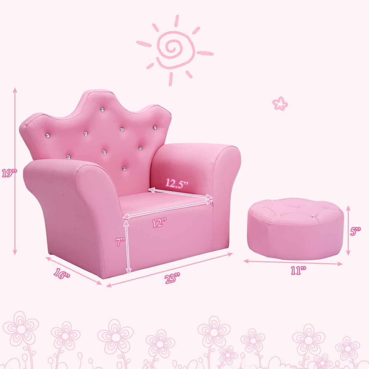 Comfy Toddler Chair with Ottoman - Wooden Frame & PVC Leather Kids Sofa for Girls and Boys - Perfect for Bedroom, Living Room, Playroom & Nursery - Princess Toddler Couch for Reading, TV Time & Relaxation