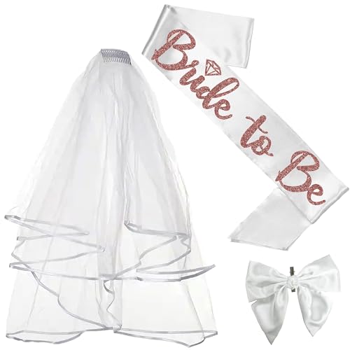 3 Piece Set: Rose Gold White Veil