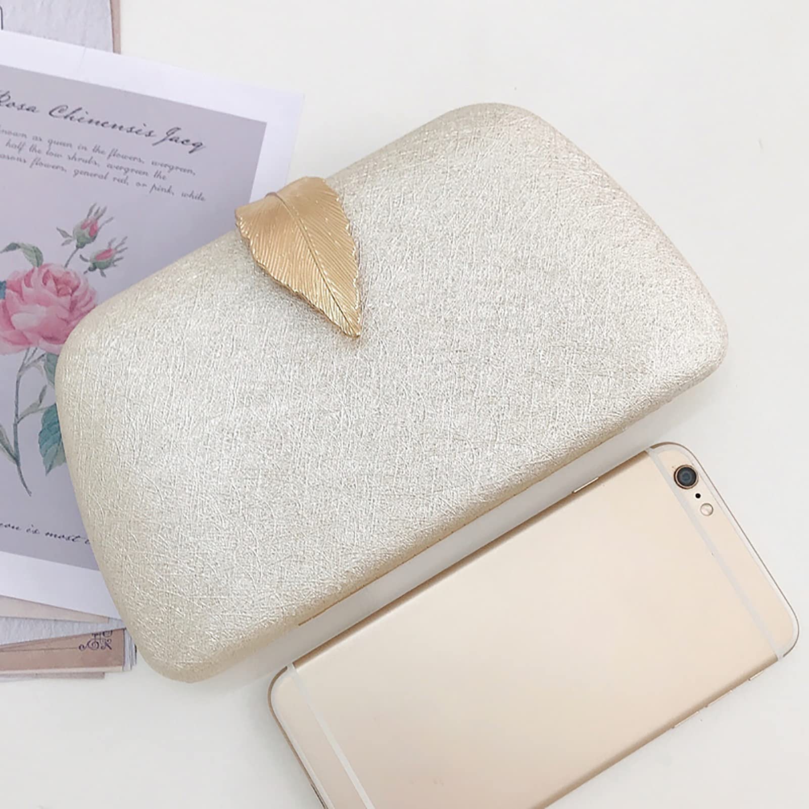 PU Leather Wristlet Clutch Purse for Women - Elegant Leaf Clasp Evening Handbag with Detachable Shoulder Chain Strap (Beige) | Perfect for Parties, Weddings & Formal Events