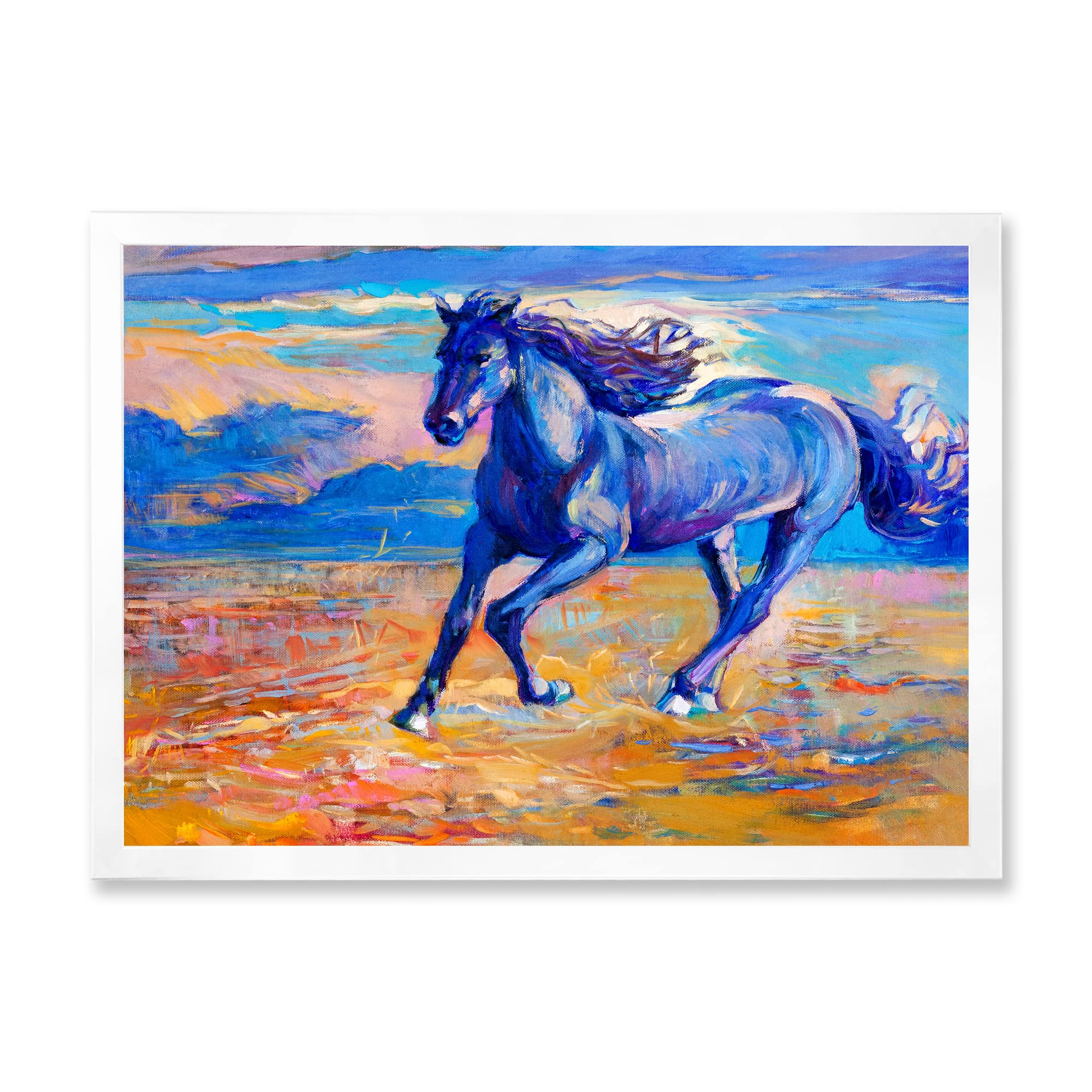 Blue Horse Galloping Over Prairie - Farmhouse Framed Wall Art Decor for Living Room, Bedroom & Office