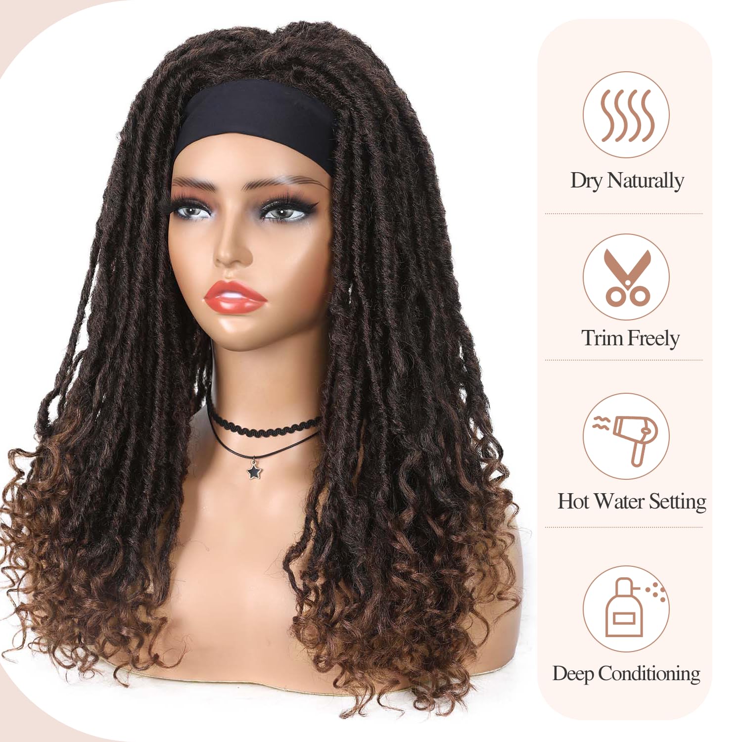 WIGER Headband Dreadlock Wigs - Goddess Locs Crochet Hair Ombre Brown Faux Locs Rolls Twist Wigs for Black Women - Hand Braided Crochet Twist Wigs (1B/30) - Perfect for Protective Styling, Cosplay & Everyday Wear