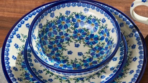 Blue Rose Polish Pottery Kalina 16-Piece Dinnerware Set - Elegant Floral Design for Dining, Entertaining & Special Occasions