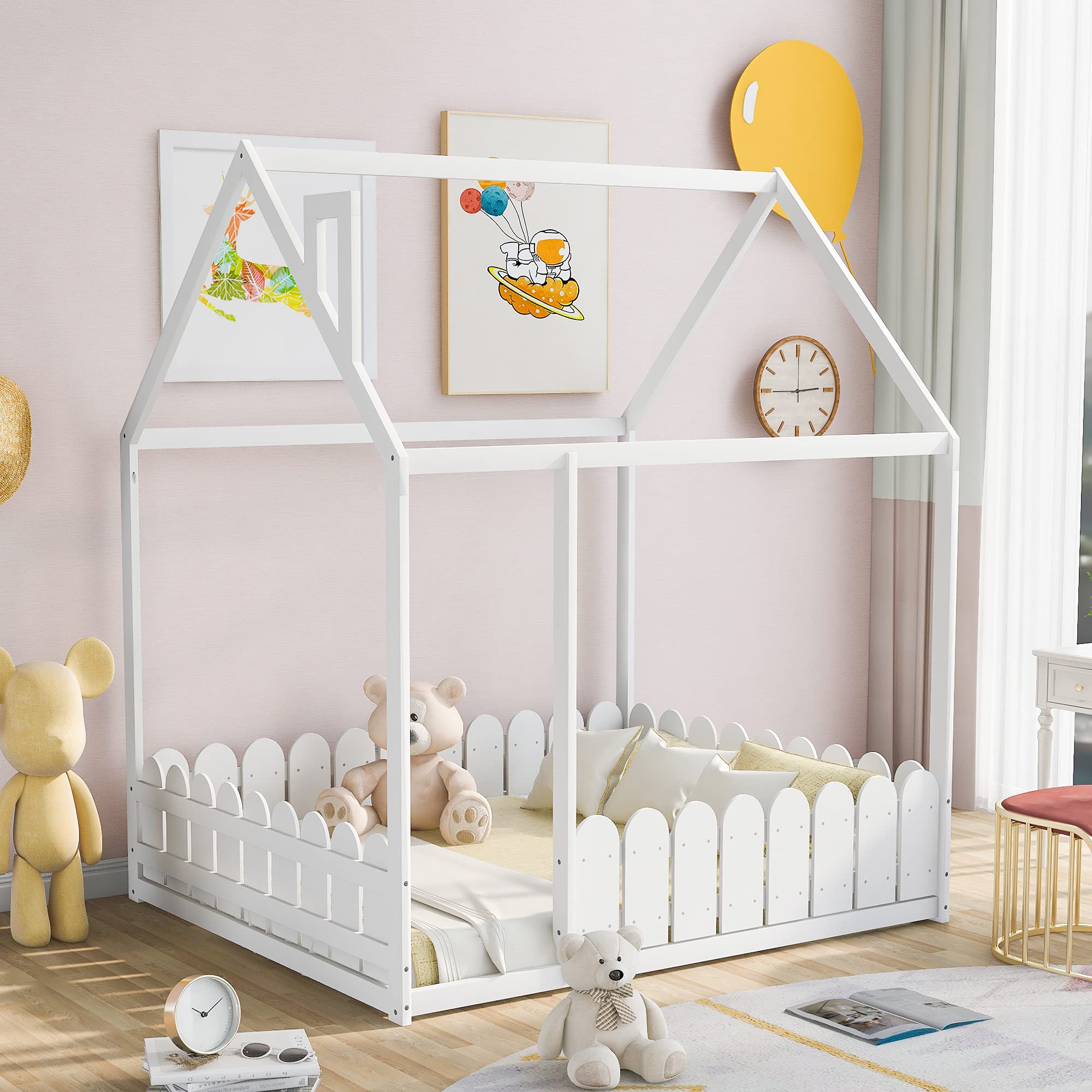 **Full Size House Bed for Kids - Wooden Playhouse Design with Canopy, Roof & Fence - White Platform Bed Frame for Boys & Girls - Perfect for Bedroom, Playroom & Imaginative Play**