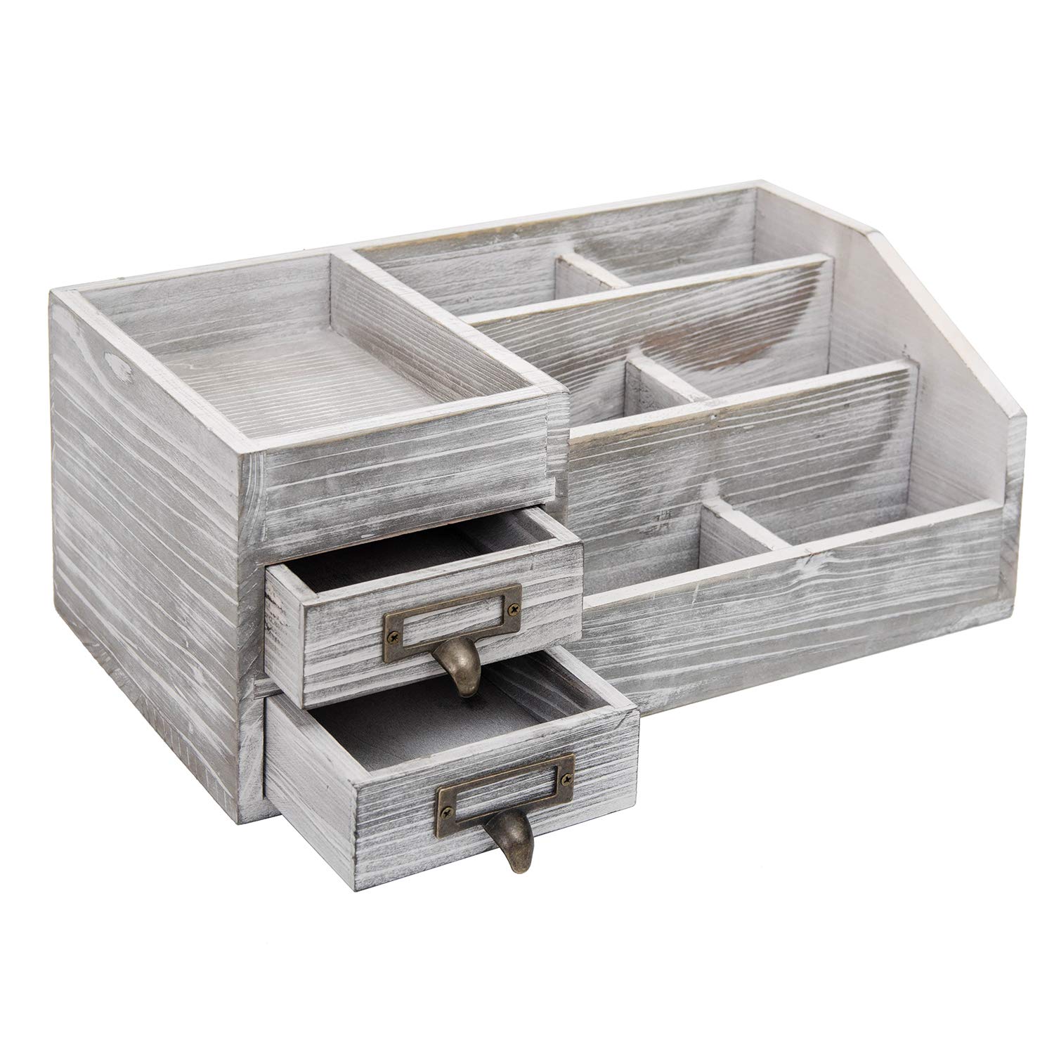 Distressed Rustic Wooden Office Desktop Organizer - 2-Tier Drawer Shelf with Multiple Compartments for Jewelry Storage | Perfect for Desk, Vanity & Home Organization | Gray Finish | Ideal for Office Supplies, Makeup Display & Small Item Storage