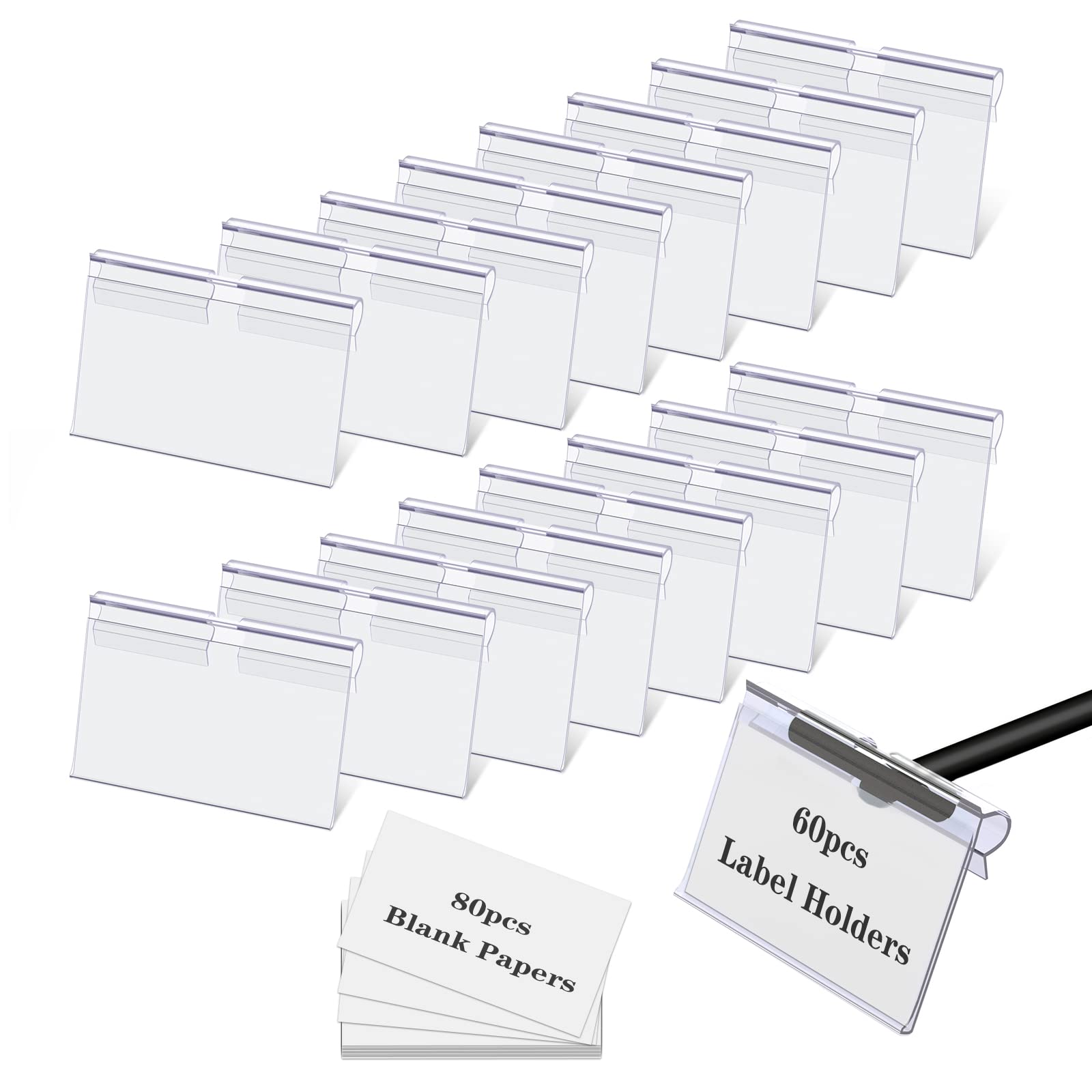 60PCS Clear Plastic Storage Bin Label Clips with 80 Extra Label Papers - 6X4.2CM Wire Shelf, Basket & Closet Organizers for Pantry, Fabric Cubes & Cloth Bins - Perfect for Home, Office & Classroom Organization