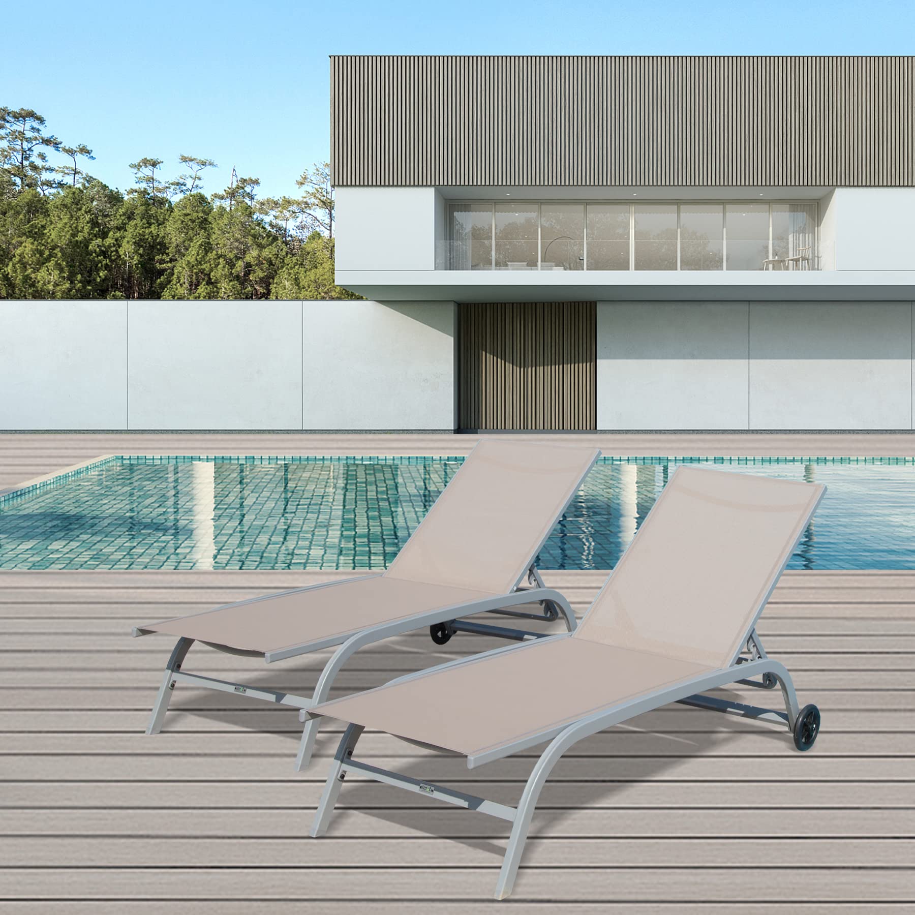 Domi Outdoor Chaise Lounge Set of 2 - Adjustable Poolside Lounge Chairs with Wheels for Patio, Beach, Yard & Deck - 5-Position Reclining Khaki Sunbathing Chairs - Perfect for Relaxing by the Pool, Coastal Getaways or Backyard Lounging