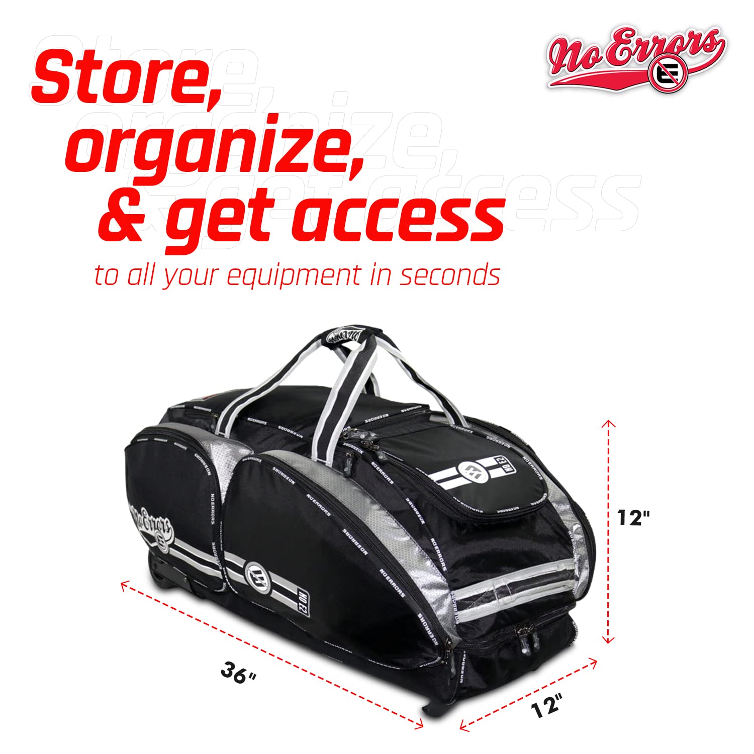 No Errors NO E2 Wheeled Catchers Gear Bag - Large Durable Baseball & Softball Equipment Bag with Fatboy Wheels - Perfect for Catchers, Coaches & Travel Teams - Ideal for Games, Practices & Tournaments
