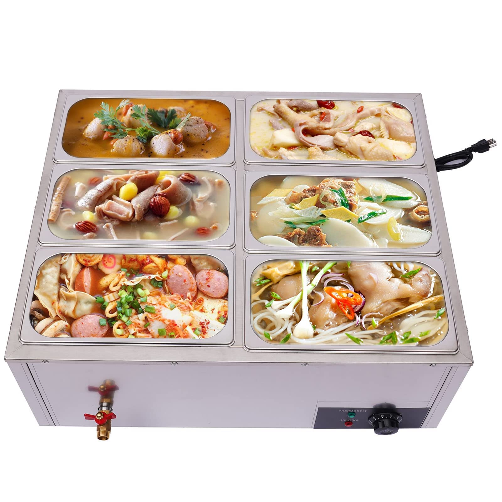 6-Pan Commercial Food Warmer 110V Buffet Warming Tray - 850W Stainless Steel Electric Soup Pot with Adjustable Temperature (30-85°C) for Catering, Restaurants & Buffets - Perfect for Keeping Soups, Sauces & Dishes Warm at Events