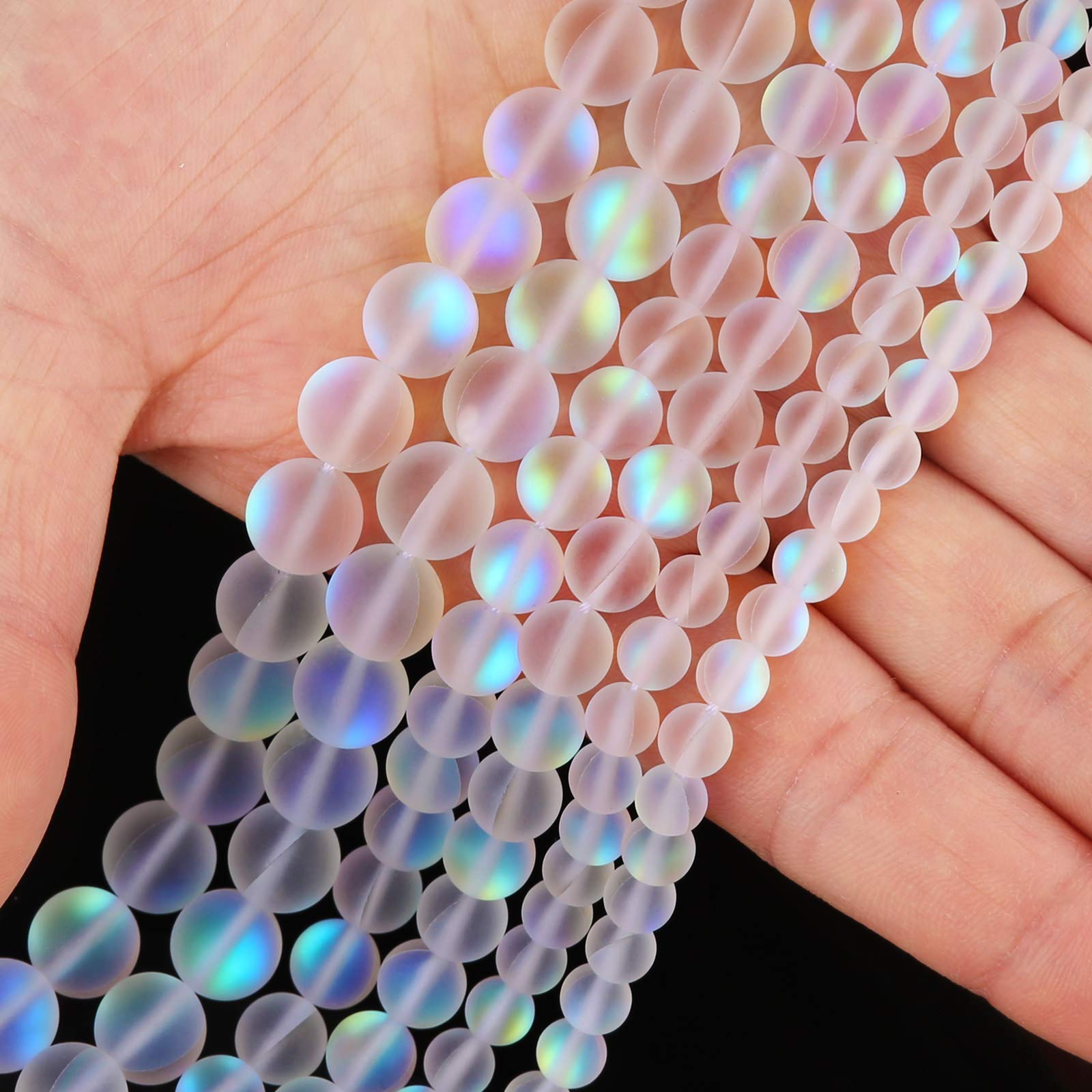 10MM Matte White Aurora Crystal Glass Beads - Frosted Glitter Shining Mermaid Round Loose Beads for Jewelry Making, DIY Bracelets & Crafts - Rainbow Holographic Synthetic Moonstone (Perfect for Boho Jewelry, Wedding Accessories & Gift Making)