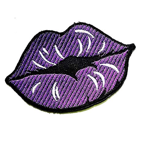 Kiss Me Purple Lips Embroidered Iron-On Patches for Women & Kids - Fun Cartoon Lipstick & Sequin Design for Clothes, Backpacks, T-Shirts, Jeans & Accessories | DIY Fashion Statement for Parties, Gifts & School Crafts