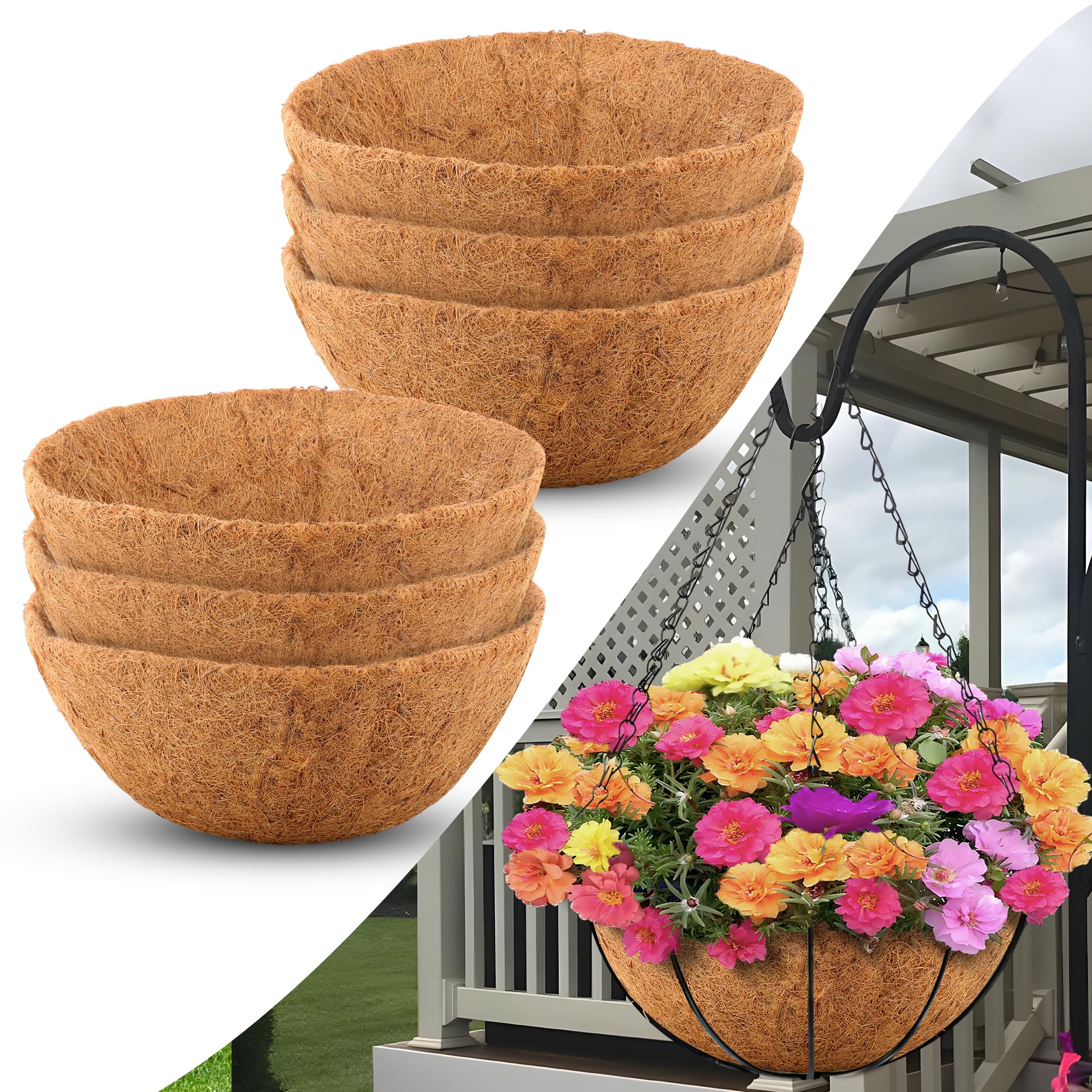 10 Inch Coco Liners for Planters - 6 Pack Round Hanging Basket Liners, Natural Coconut Fiber Plant Pot Liners for Flowers, Vegetables & Herbs - Perfect for Indoor/Outdoor Gardening, Balcony Decor & Vertical Planters