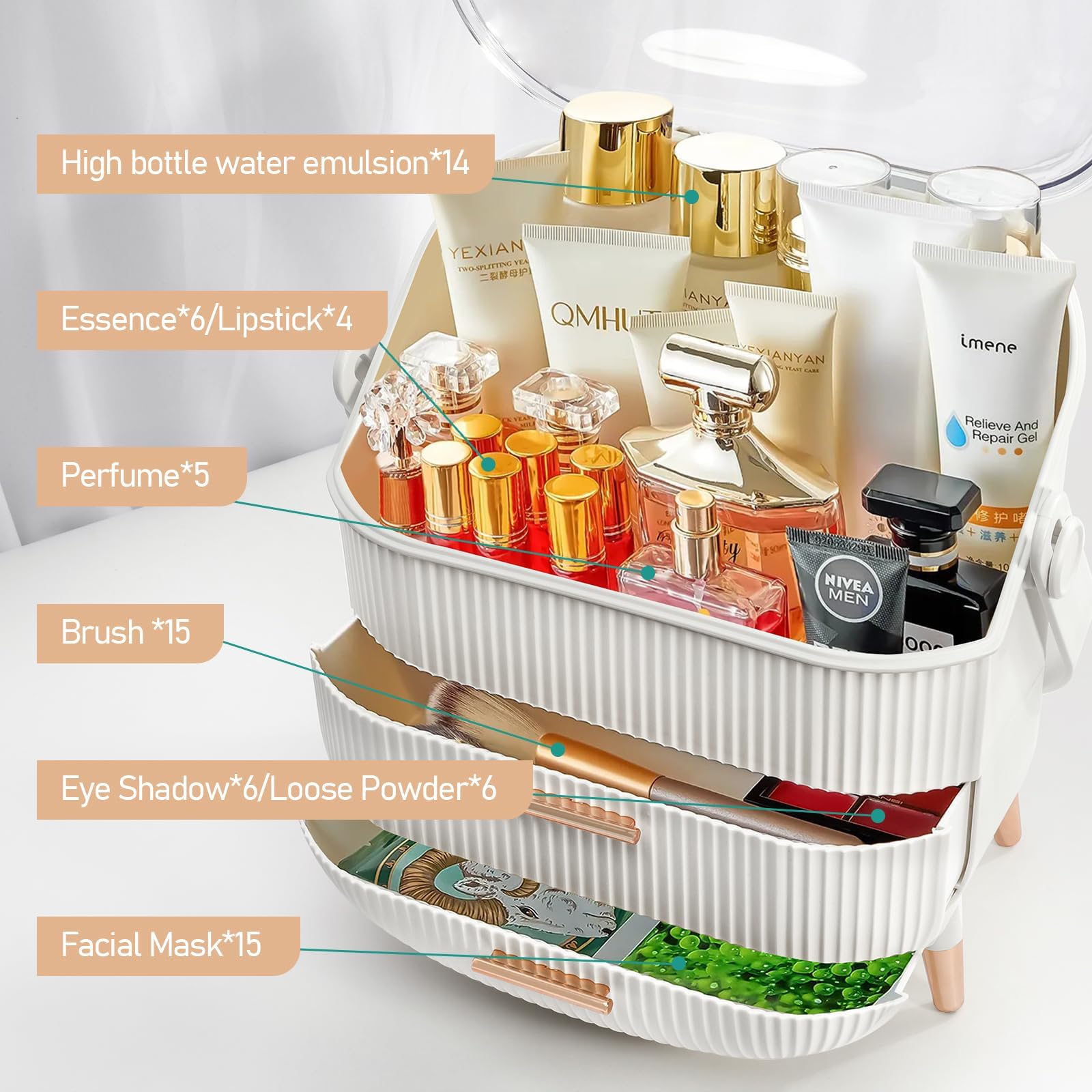 Preppy Makeup Organizer & Skincare Storage Box for College Students - Portable Cosmetic Caddy for Dorm, Bathroom, Dresser - White | Perfect for Travel, Vanity Organization & Small Space Storage
