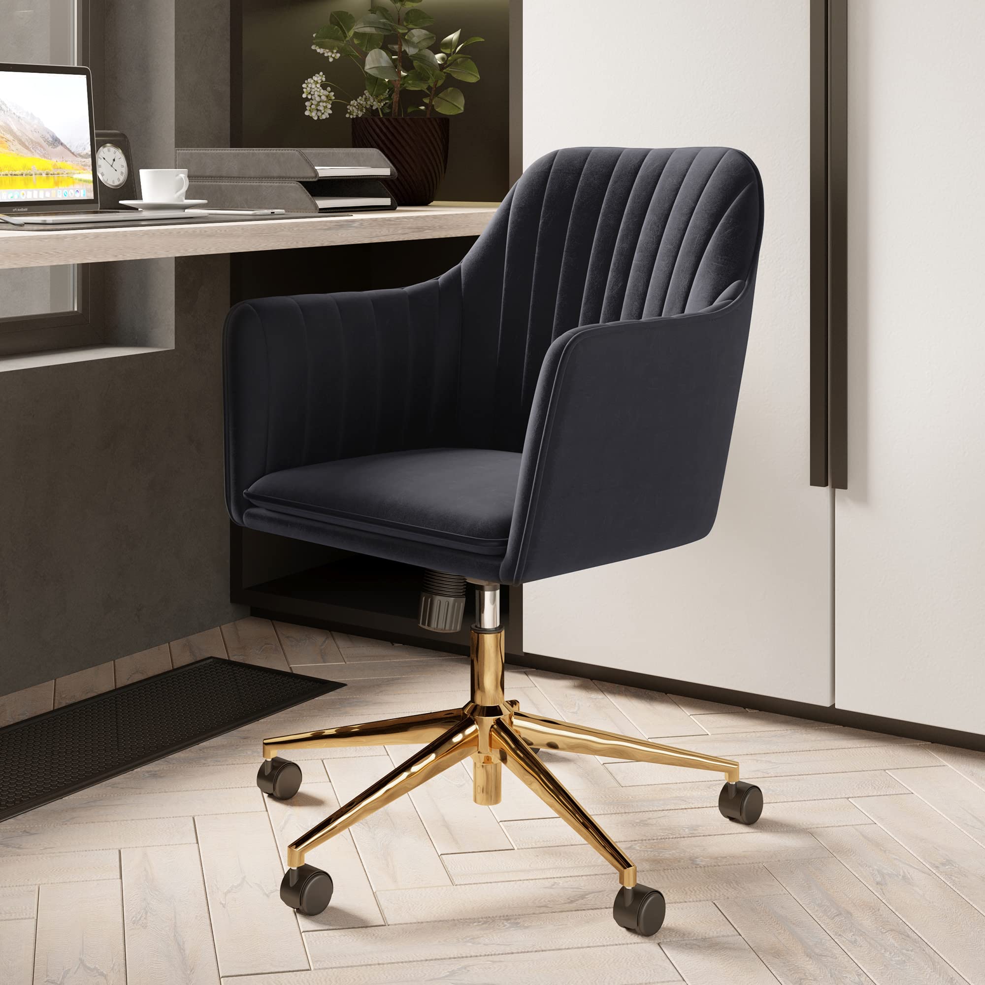 BELLEZE Modern Upholstered Velvet Swivel Office Chair with Adjustable Height - Rolling Desk Chair for Home Office, Gaming, Study - Black & Gold Accent Ergonomic Computer Chair for Work & Vanity