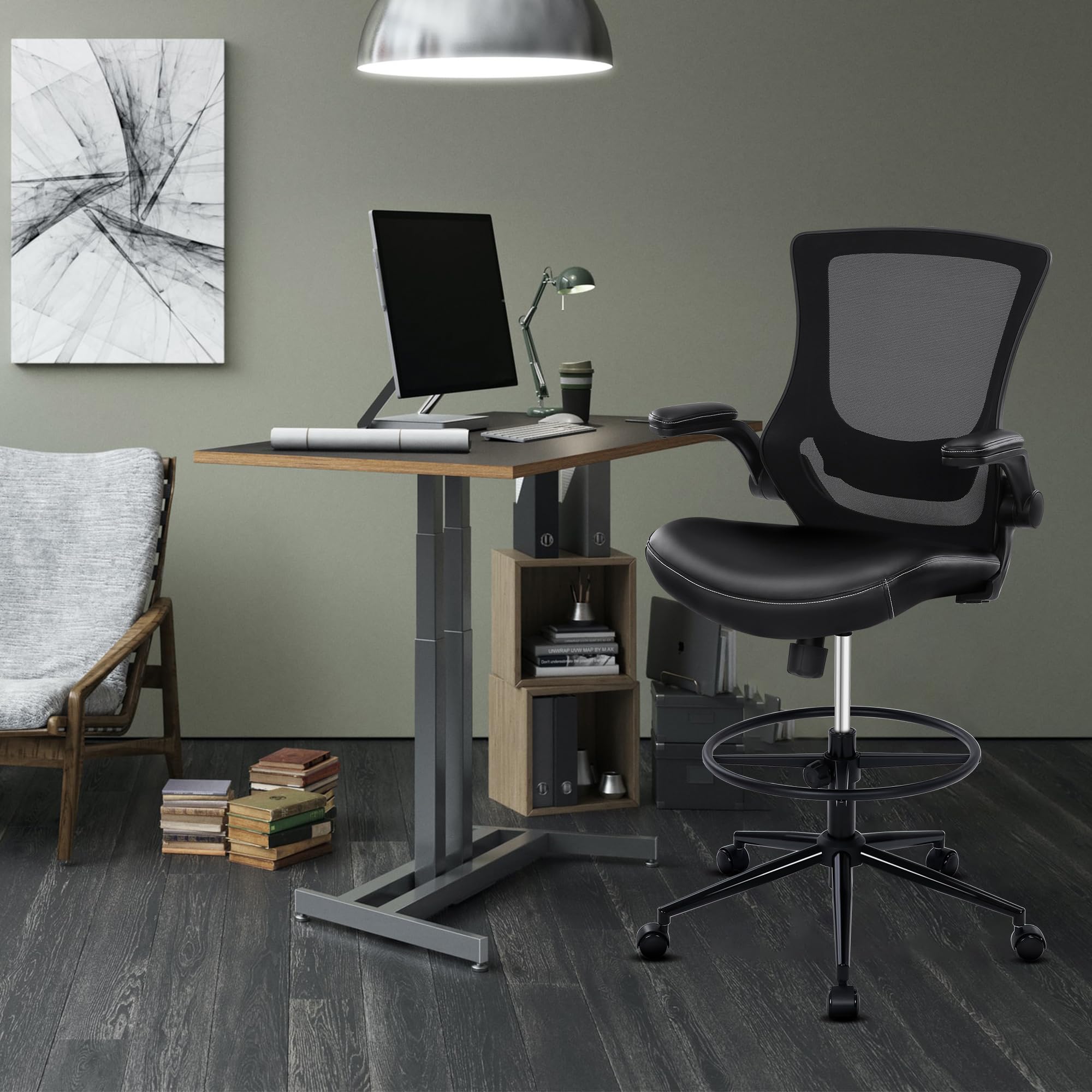 Misolant Adjustable Height Office Chair for Standing Desk - PU Leather Drafting Chair with Foot Ring, Reclining Back & Lumbar Support - Ergonomic Tall Chair for Home Office, Gaming & Computer Workstations