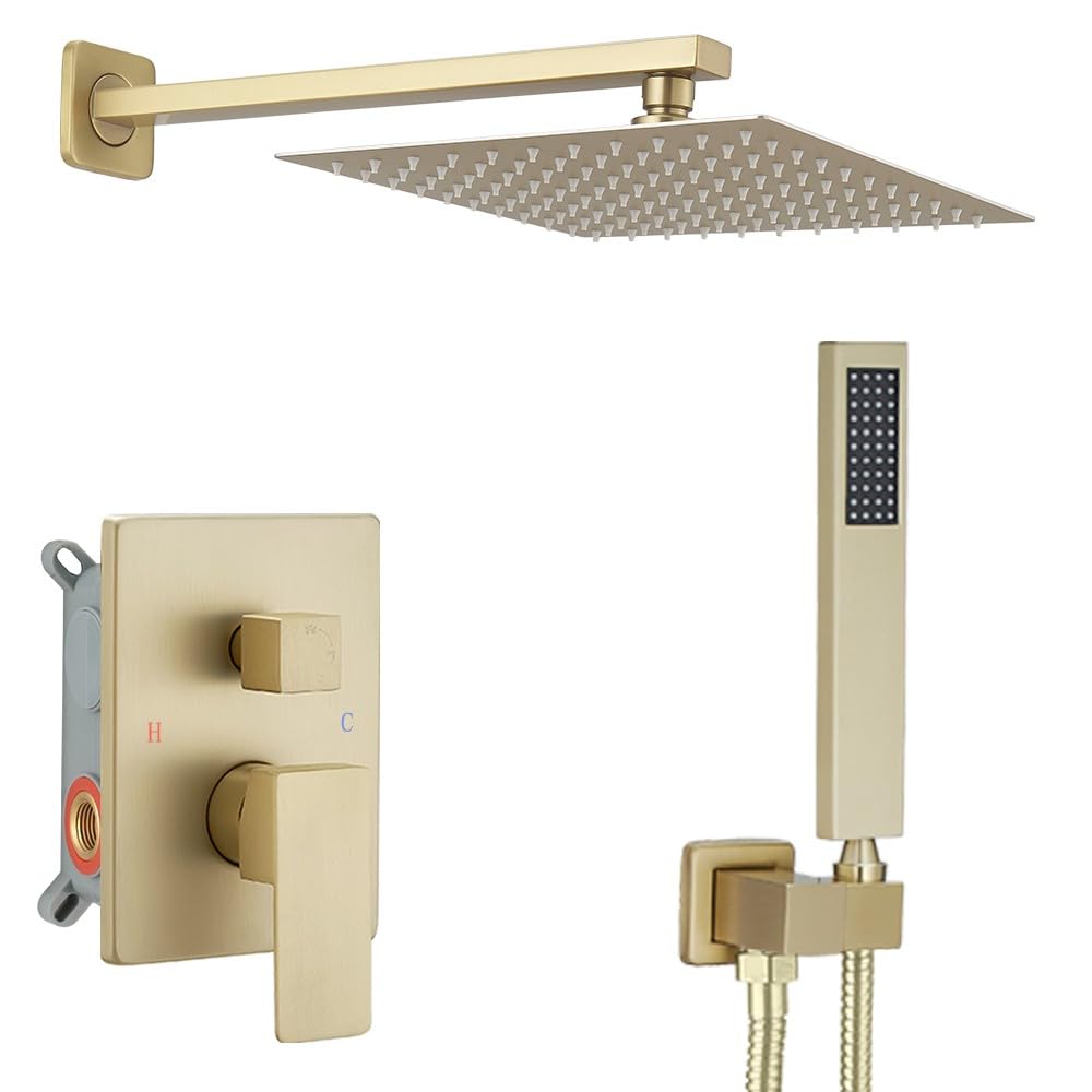 Luxury Brushed Gold Shower System - 10 Inch Rainfall Shower Head with Handheld Combo, High Pressure Wall Mounted Bathroom Faucet Set with Valve & Trim - Perfect for Modern Master Bathrooms & Spa-Like Showers