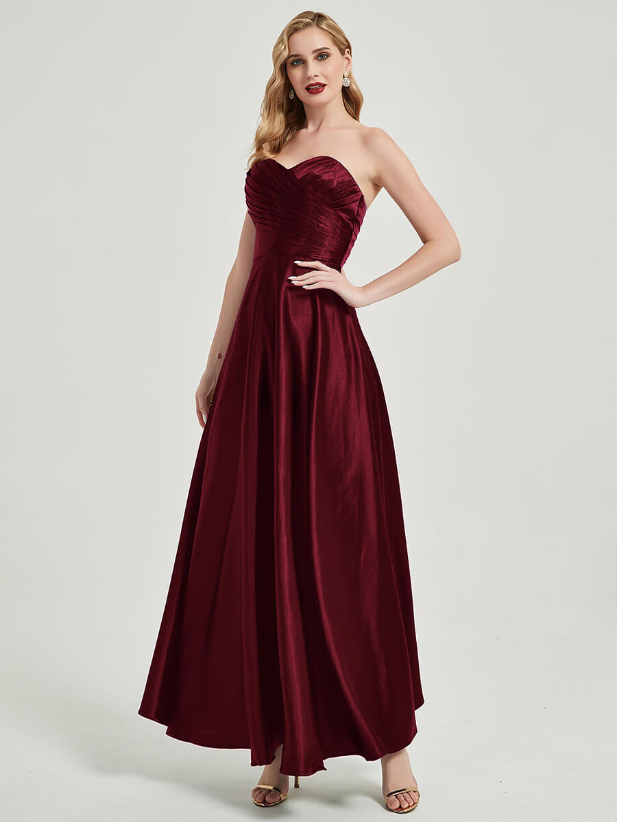 Burgundy Satin Sweetheart Strapless Maxi Pleated Bridesmaid Dress - Elegant Formal Gown for Weddings, Prom & Evening Events