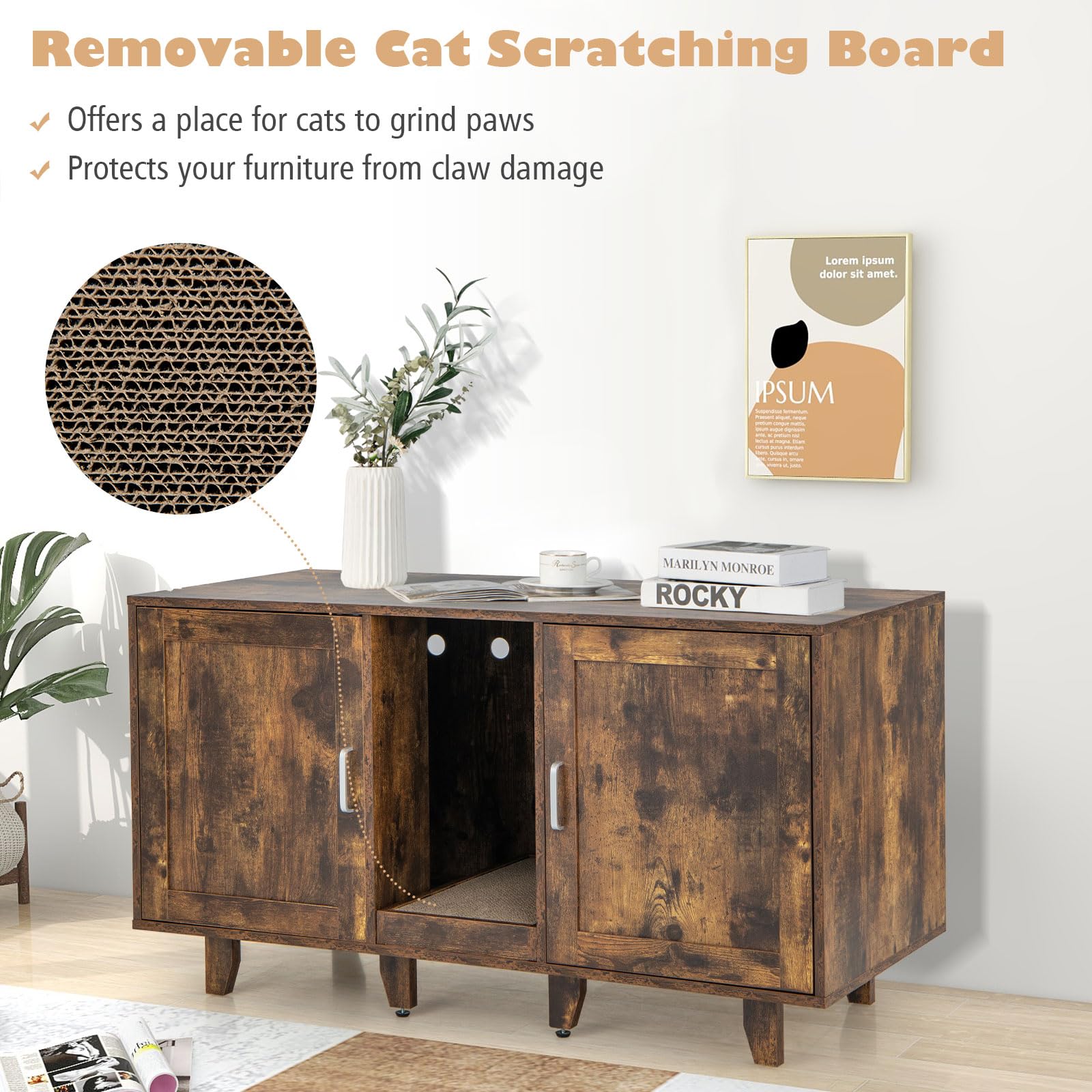 Tangkula Double Cat Litter Box Enclosure for 2 Cats - Large Stackable Hidden Litter Box Cabinet with Scratching Board - Rustic Brown Cat Furniture for Indoor Use | Perfect for Living Room, Bedroom or Home Office Concealment